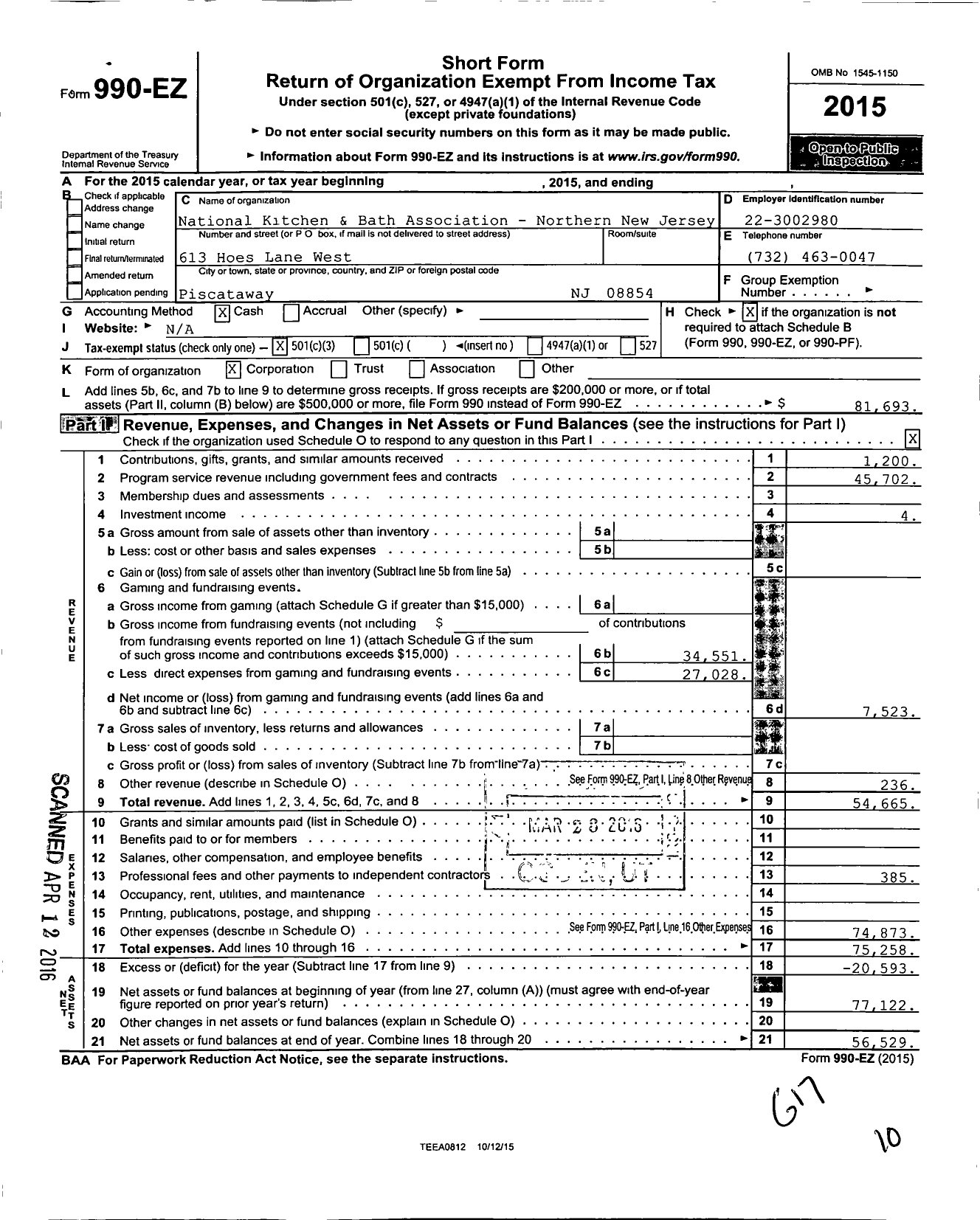 Image of first page of 2015 Form 990EZ for National Kitchen & Bath Association Northern New Jersey