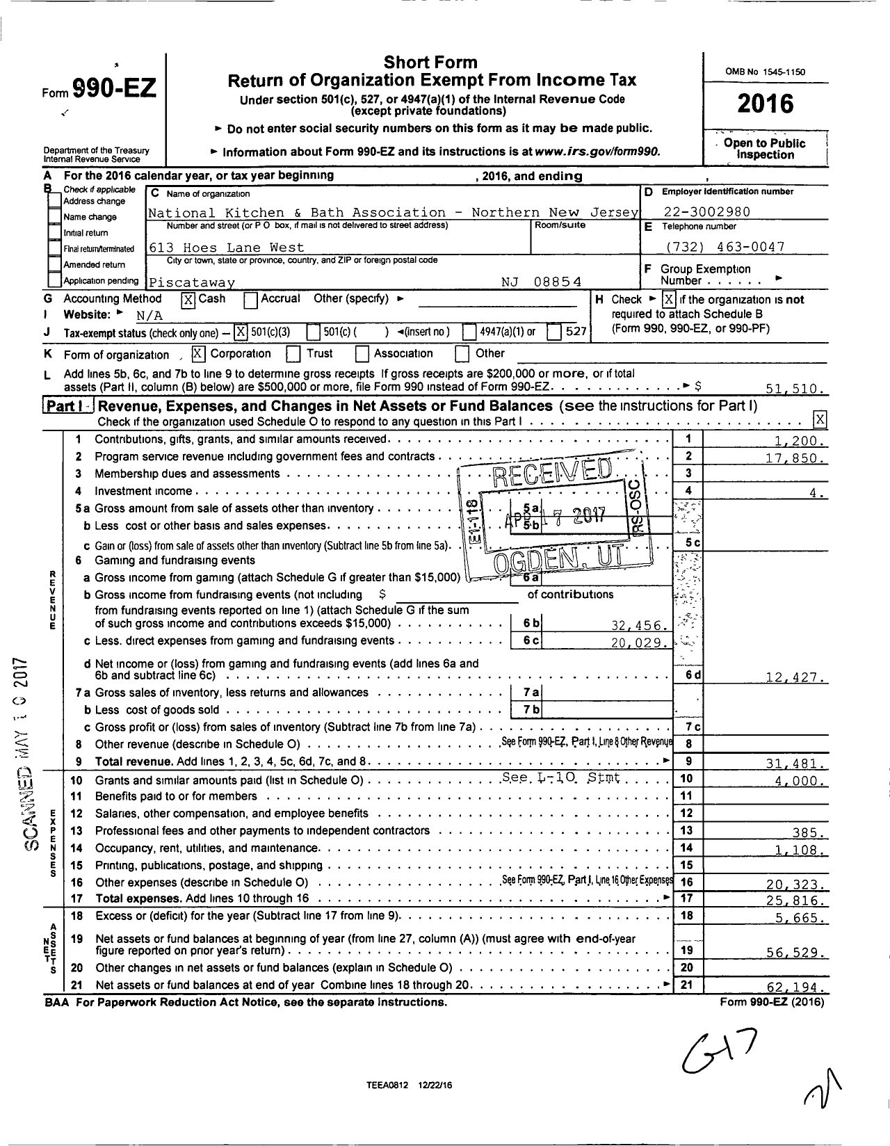 Image of first page of 2016 Form 990EZ for National Kitchen & Bath Association Northern New Jersey