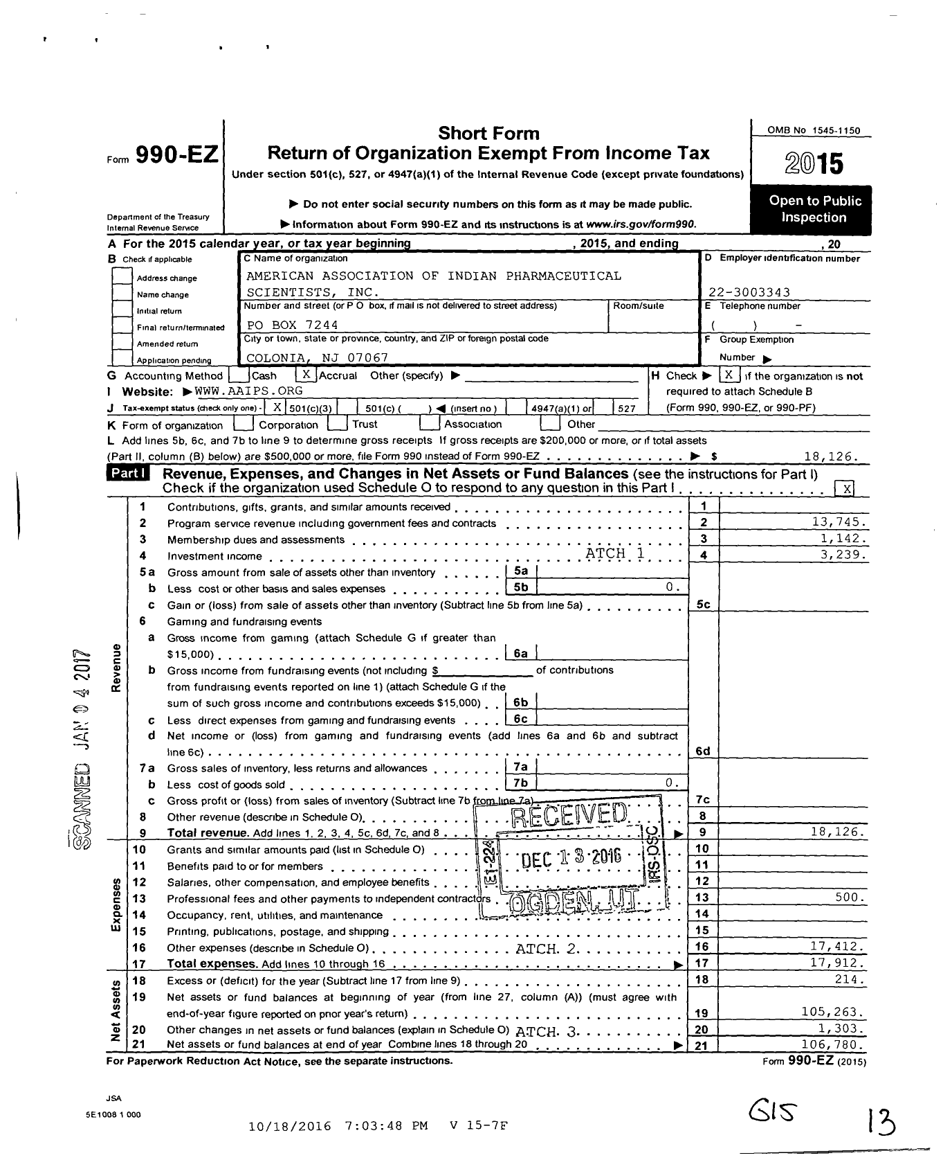 Image of first page of 2015 Form 990EZ for American Association of Indian Pharmaceutical Scientists