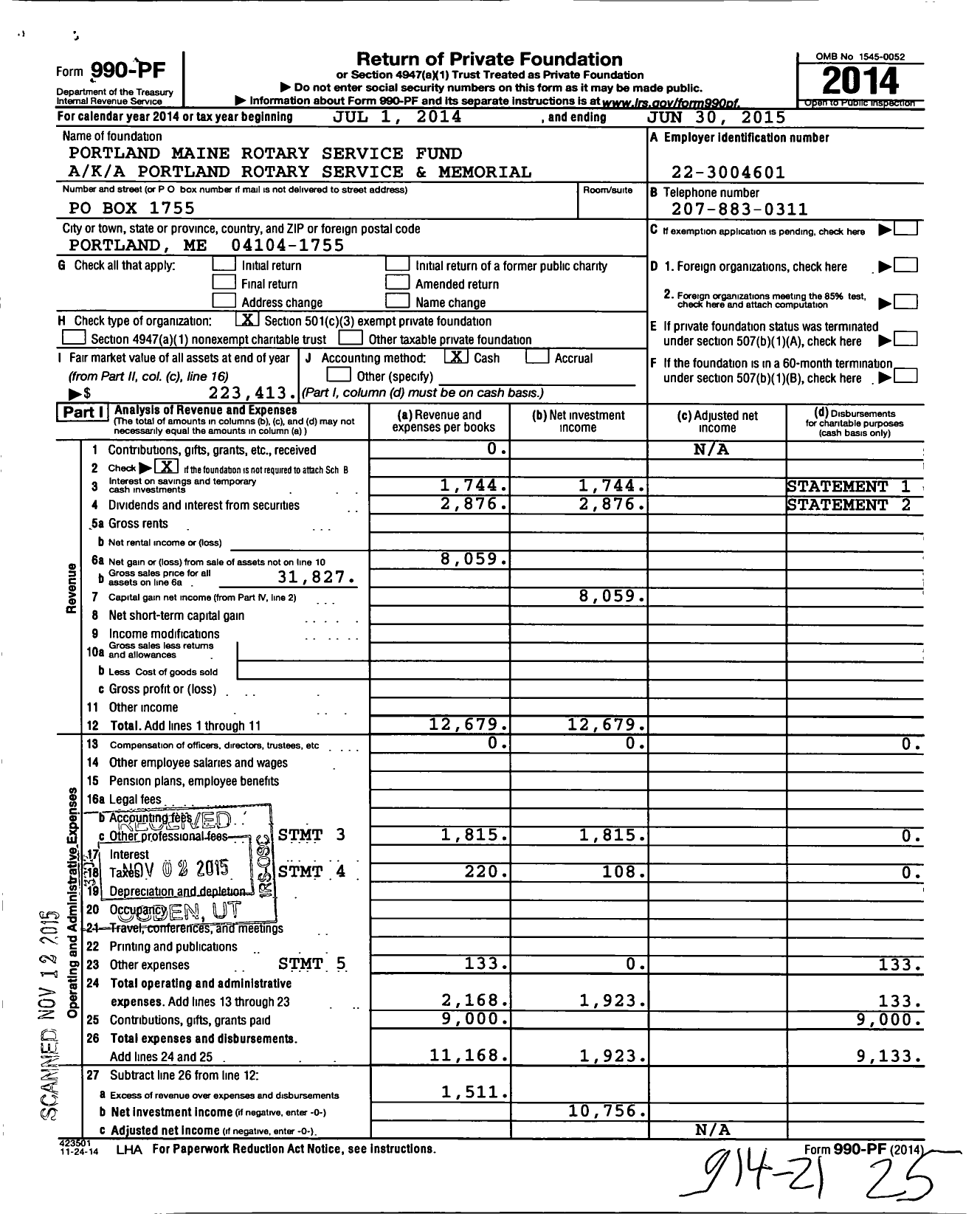 Image of first page of 2014 Form 990PF for Portland Maine Rotary Service Fund