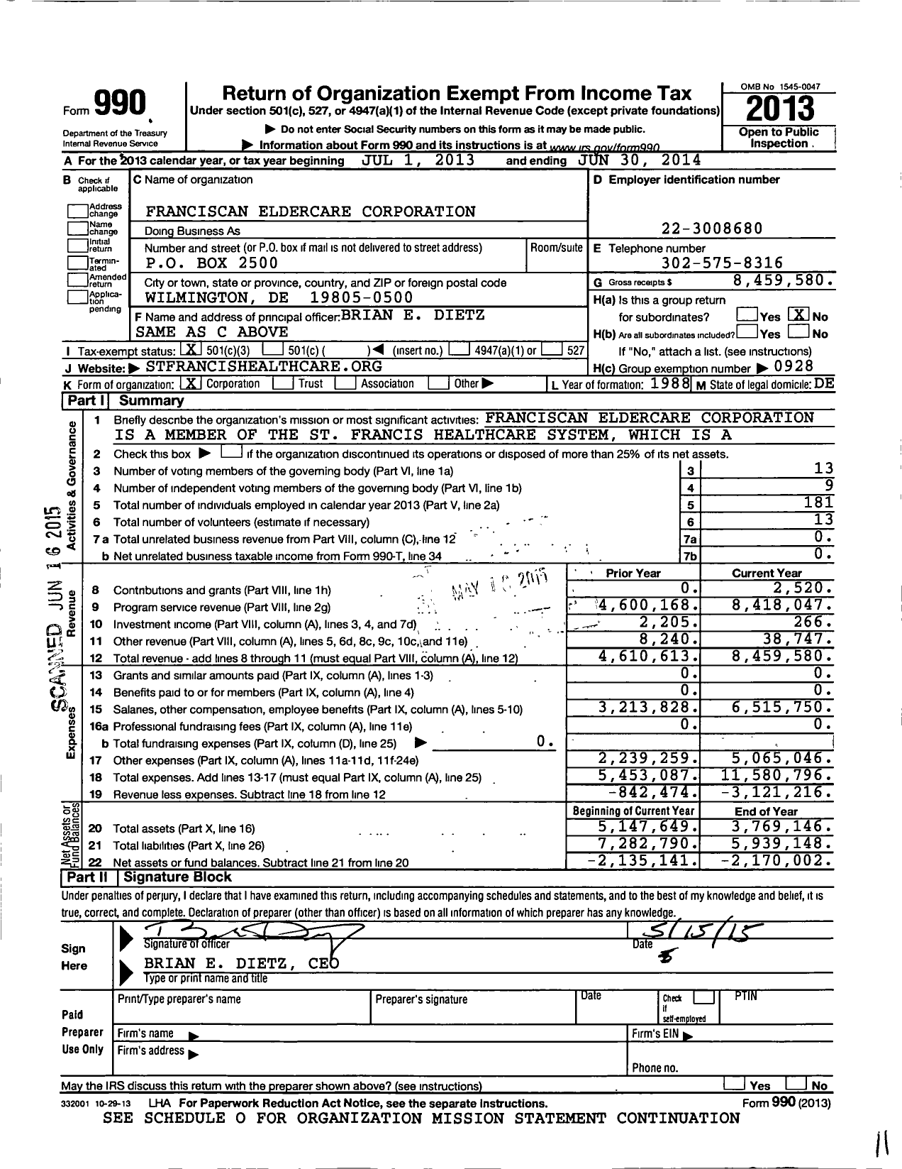 Image of first page of 2013 Form 990 for Franciscan Eldercare Corporation