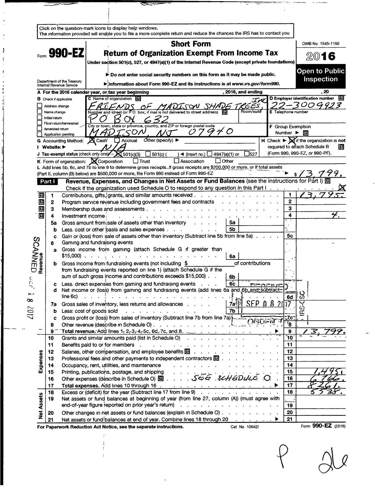 Image of first page of 2016 Form 990EZ for Friends of Madison Shade Trees