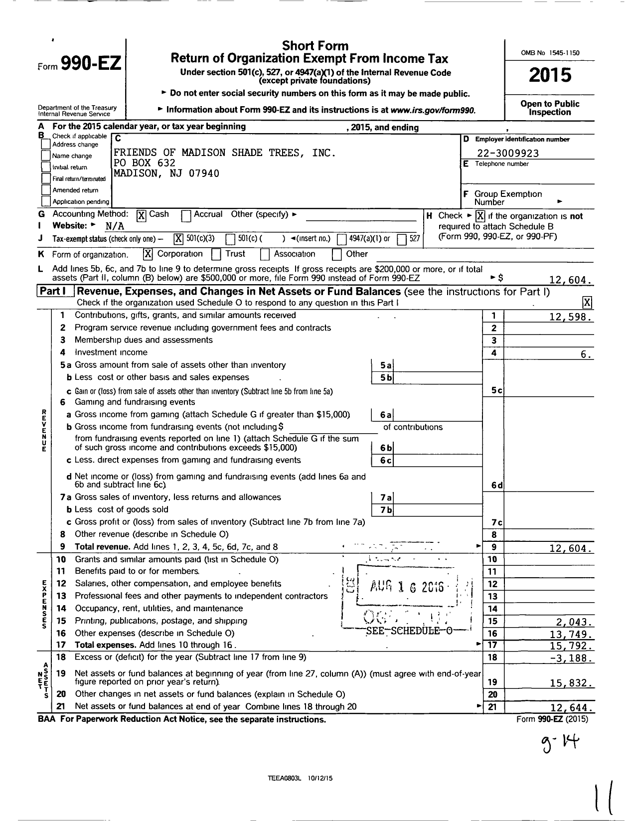 Image of first page of 2015 Form 990EZ for Friends of Madison Shade Trees