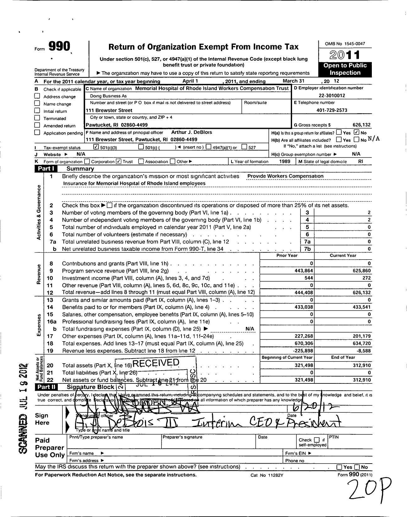 Image of first page of 2011 Form 990 for Memorial Hospital of Rhode Island Workers Compensation Trust