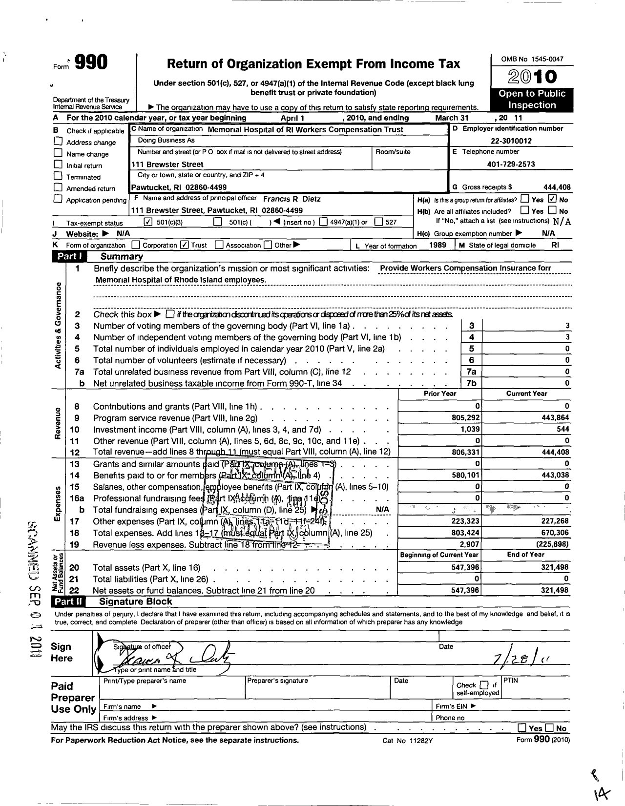 Image of first page of 2010 Form 990 for Memorial Hospital of Rhode Island Workers Compensation Trust
