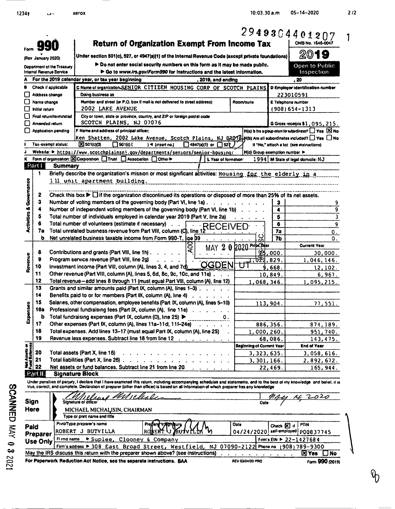 Image of first page of 2019 Form 990 for Senior Citizen Housing Corp of Scotch Plains