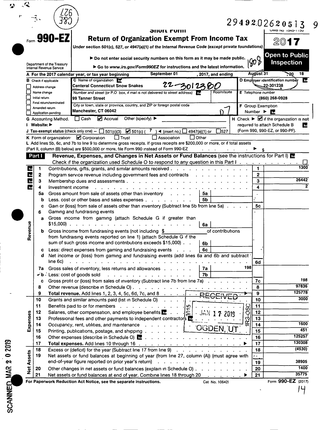 Image of first page of 2017 Form 990EO for Central Connecticut Snow Snakes