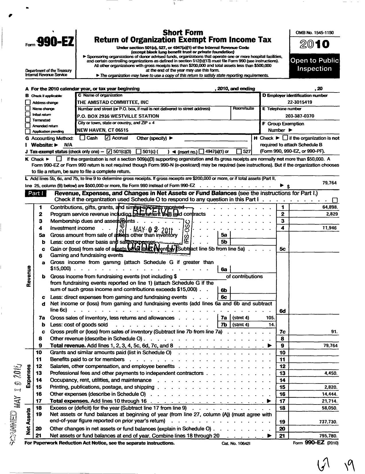 Image of first page of 2010 Form 990EZ for Amistad Committee