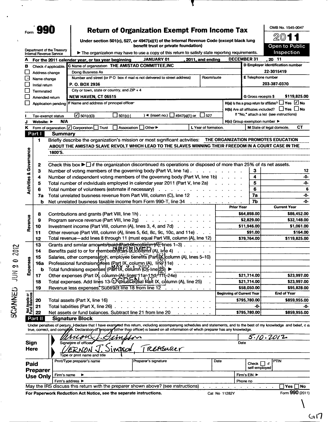 Image of first page of 2011 Form 990 for Amistad Committee