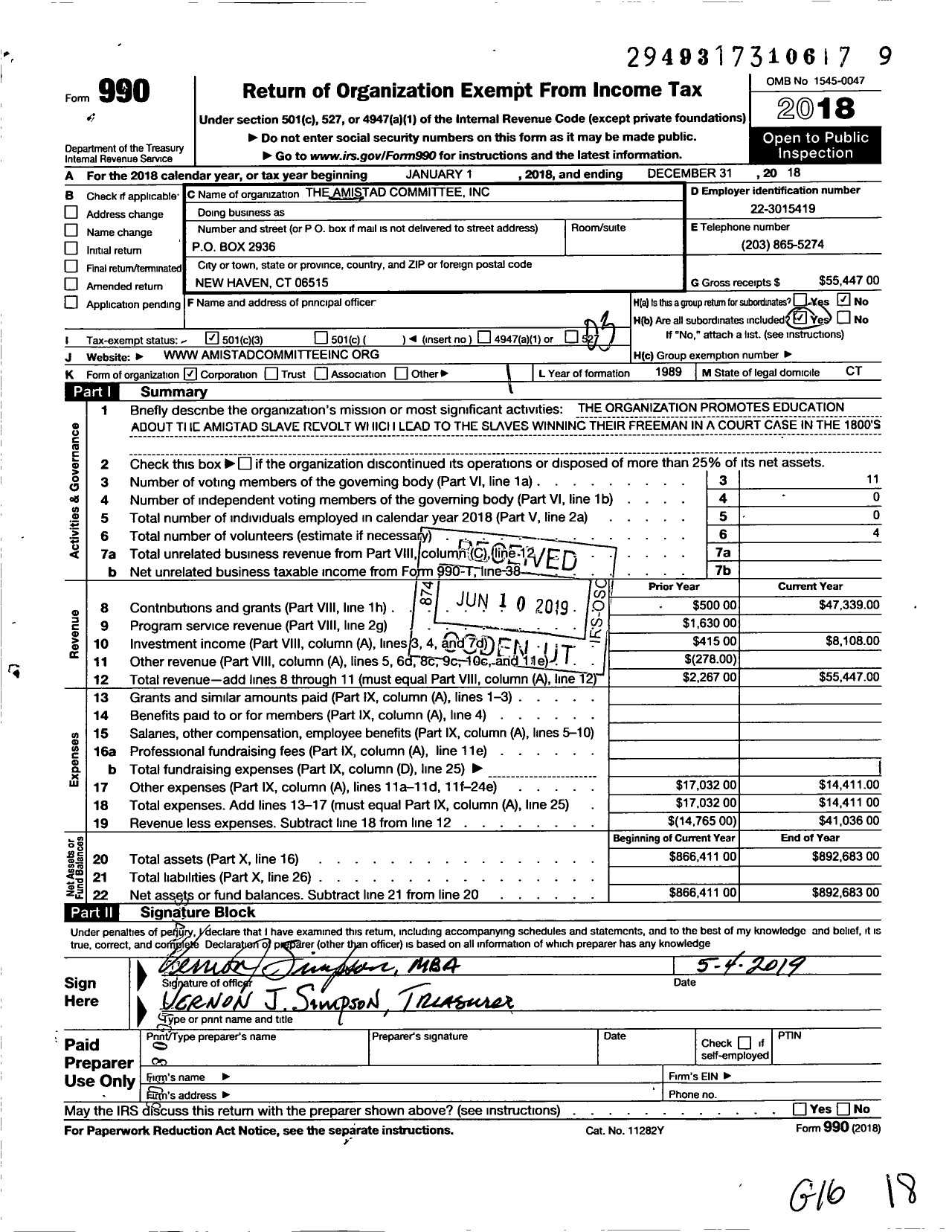 Image of first page of 2018 Form 990 for Amistad Committee