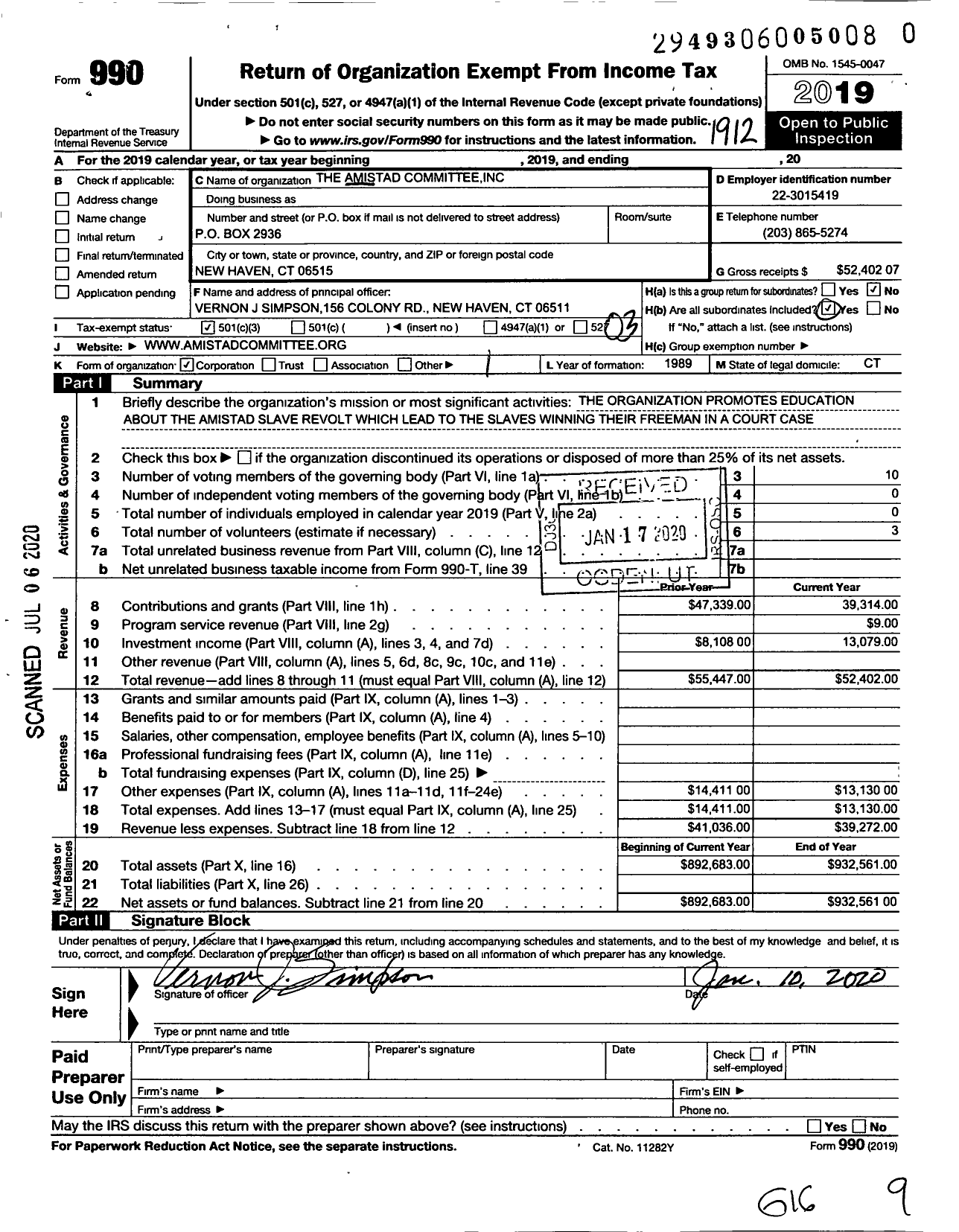 Image of first page of 2019 Form 990 for Amistad Committee