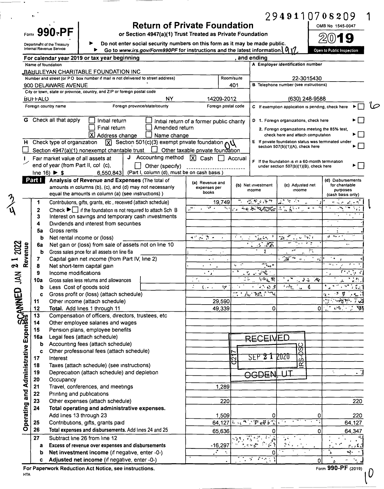 Image of first page of 2019 Form 990PF for Bahuleyan Charitable Foundation