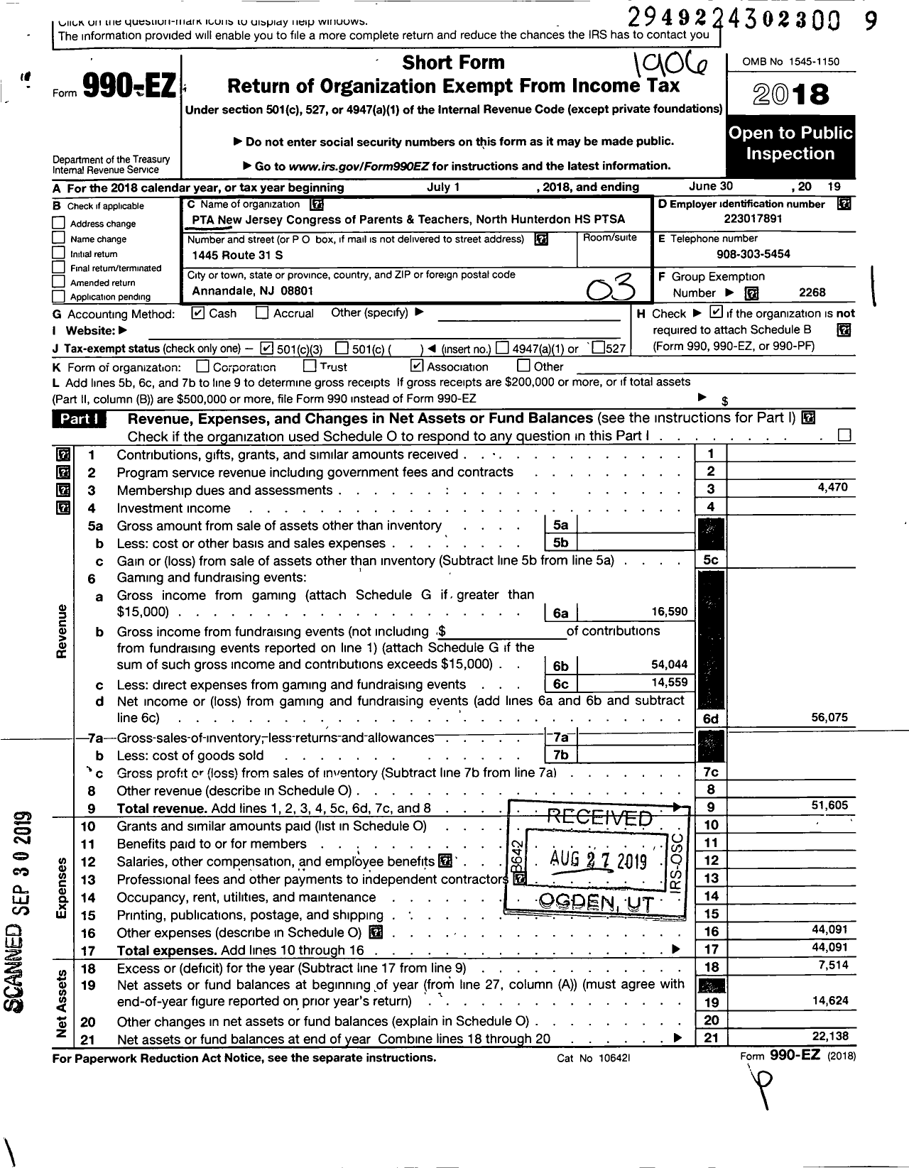 Image of first page of 2018 Form 990EZ for New Jersey PTA - 27784 North Hunterdon High SCH PTA