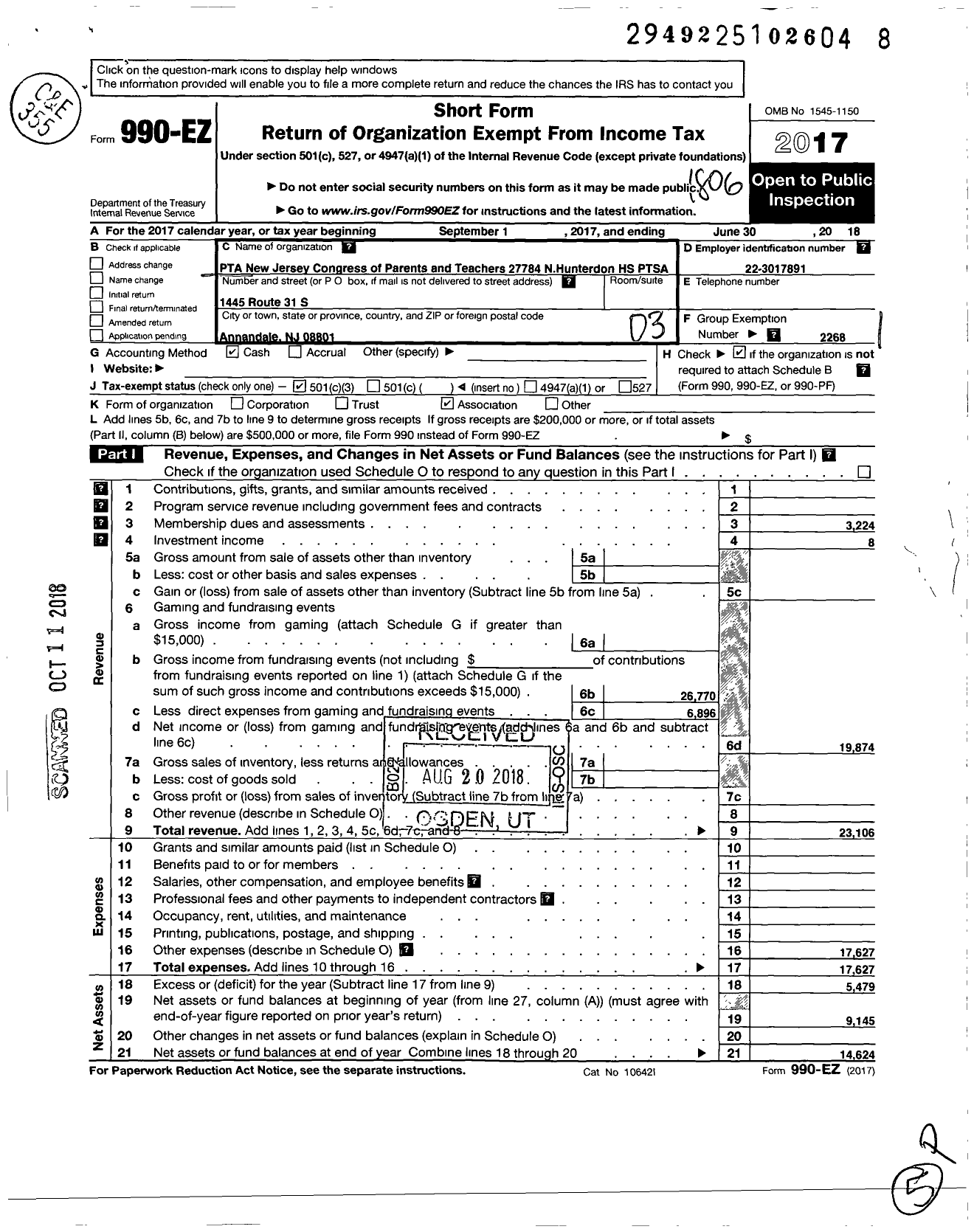 Image of first page of 2017 Form 990EZ for New Jersey PTA - 27784 North Hunterdon High SCH PTA