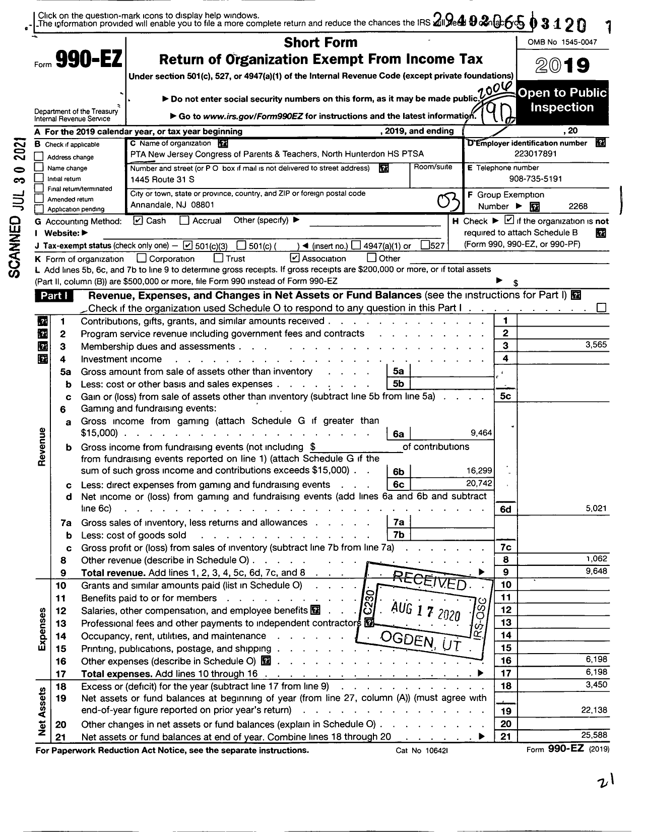 Image of first page of 2019 Form 990EZ for New Jersey PTA - 27784 North Hunterdon High SCH PTA