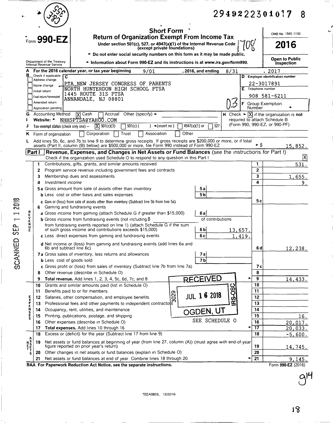 Image of first page of 2016 Form 990EZ for New Jersey PTA - 27784 North Hunterdon High SCH PTA