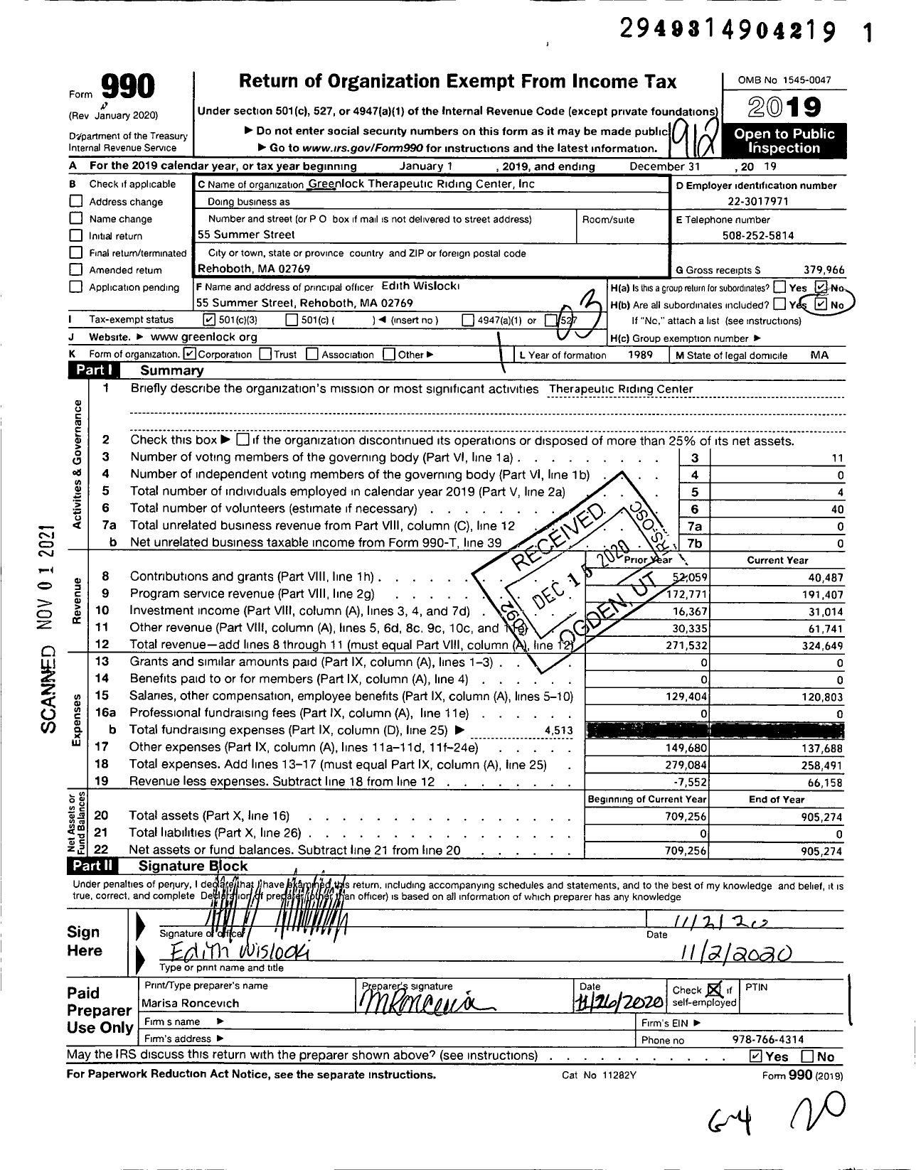 Image of first page of 2019 Form 990 for Greenlock Therapeutic Riding Center