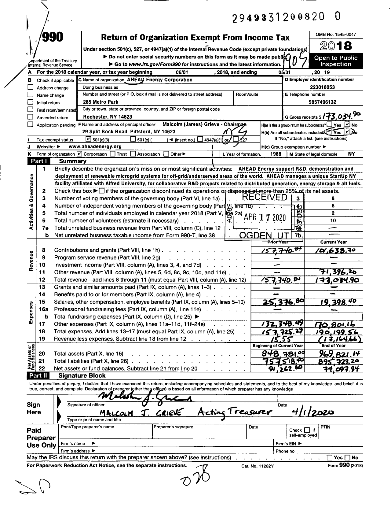 Image of first page of 2018 Form 990 for Ahead Energy Corporation