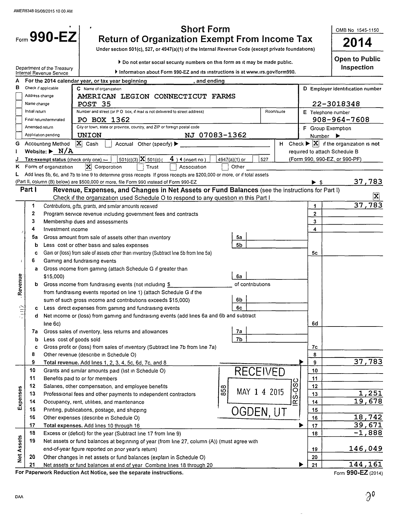 Image of first page of 2014 Form 990EO for American Legion - 35 Connecticut Farms Post