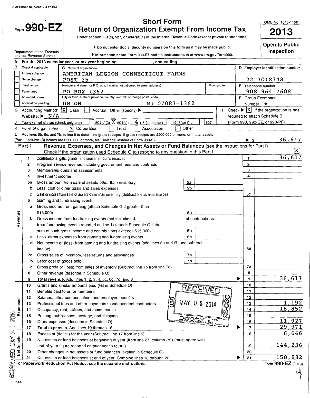 Image of first page of 2013 Form 990EO for American Legion - 35 Connecticut Farms Post