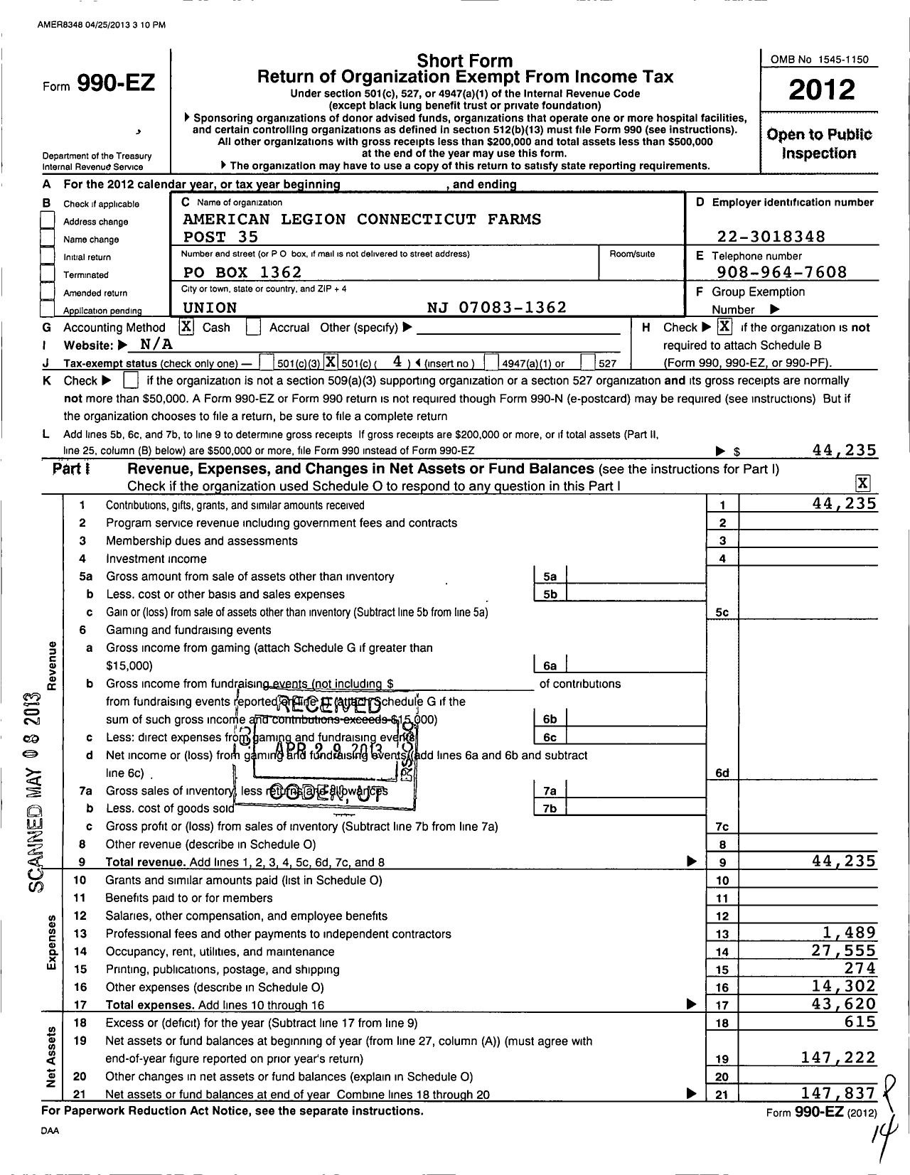 Image of first page of 2012 Form 990EO for American Legion - 35 Connecticut Farms Post