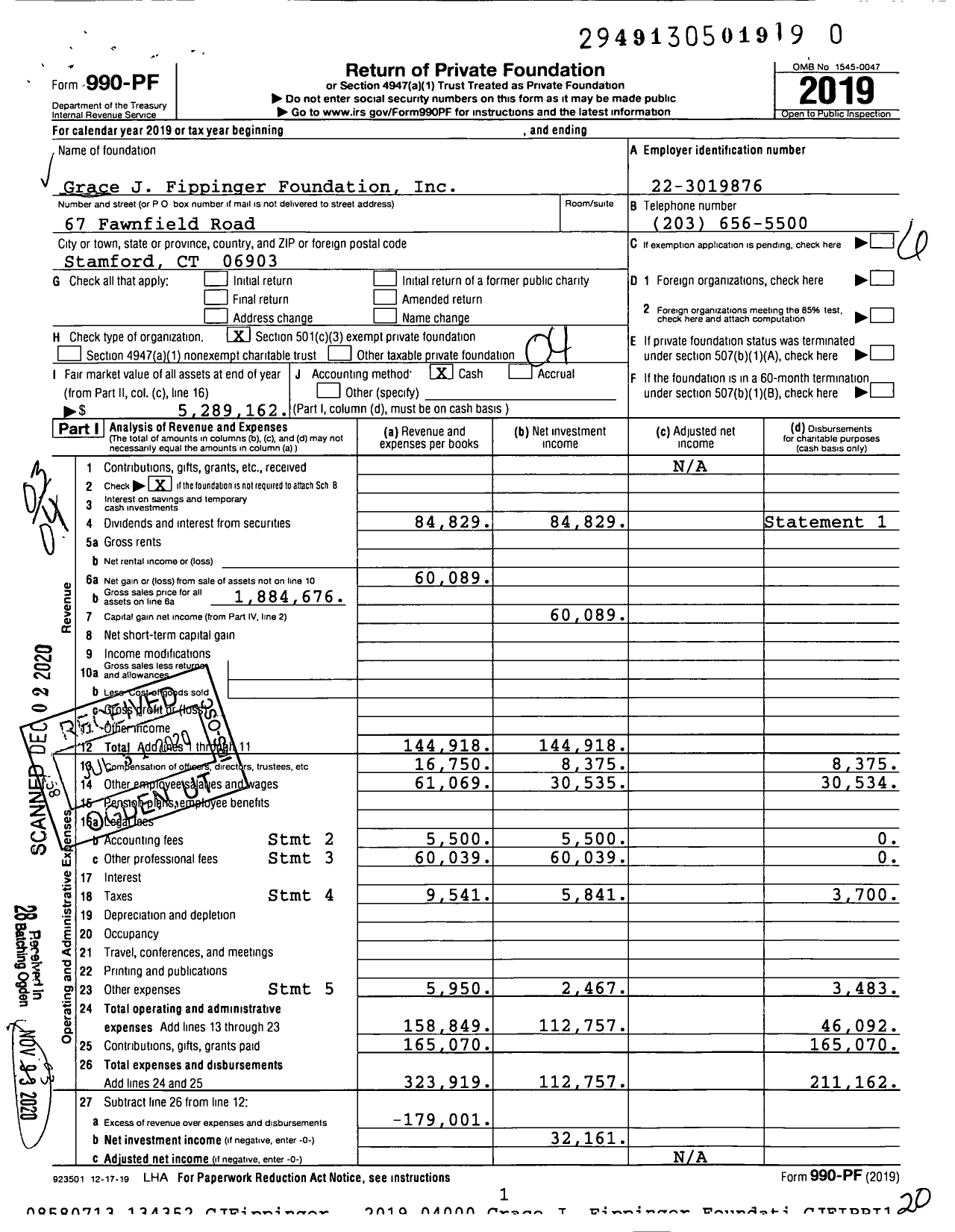 Image of first page of 2019 Form 990PF for Grace J Fippinger Foundation