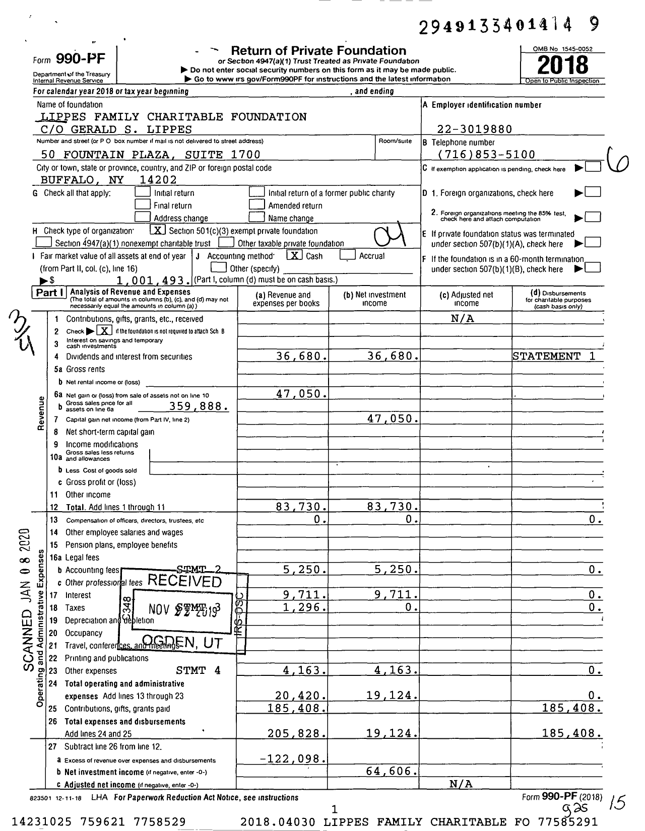 Image of first page of 2018 Form 990PF for Lippes Family Charitable Foundation