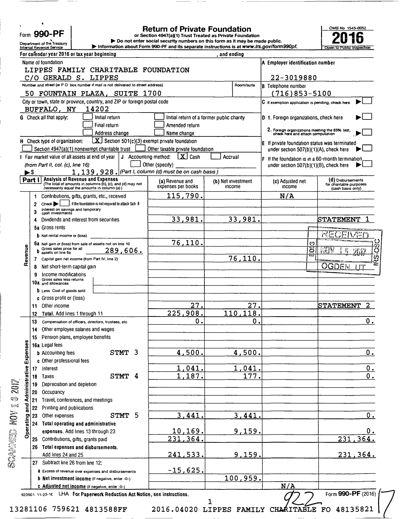 Image of first page of 2016 Form 990PF for Lippes Family Charitable Foundation