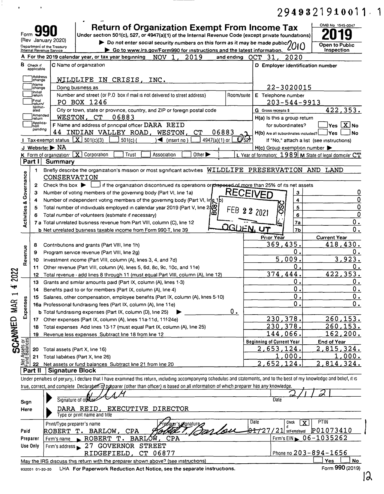 Image of first page of 2019 Form 990 for Wildlife in Crisis