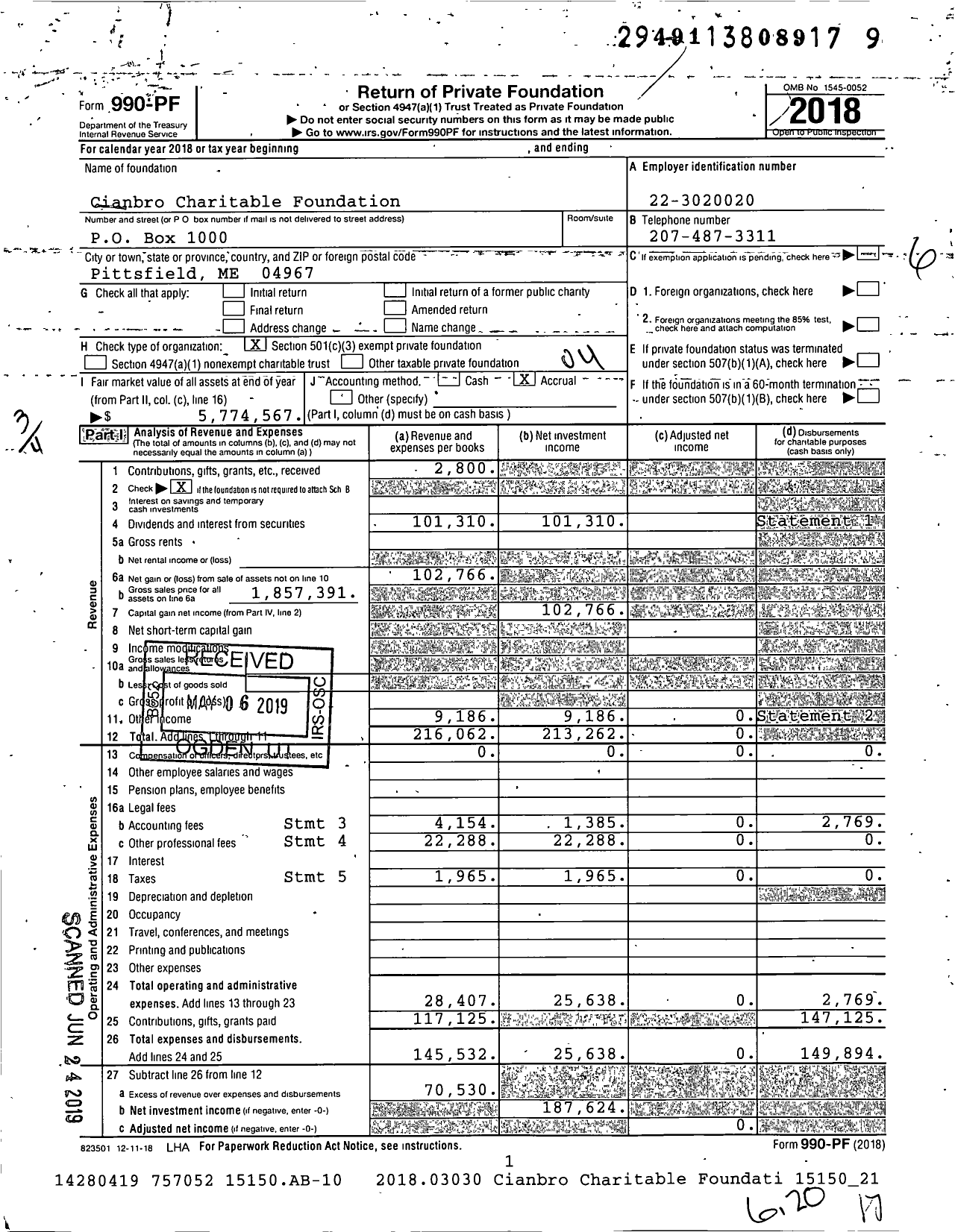Image of first page of 2018 Form 990PF for Cianbro Charitable Foundation