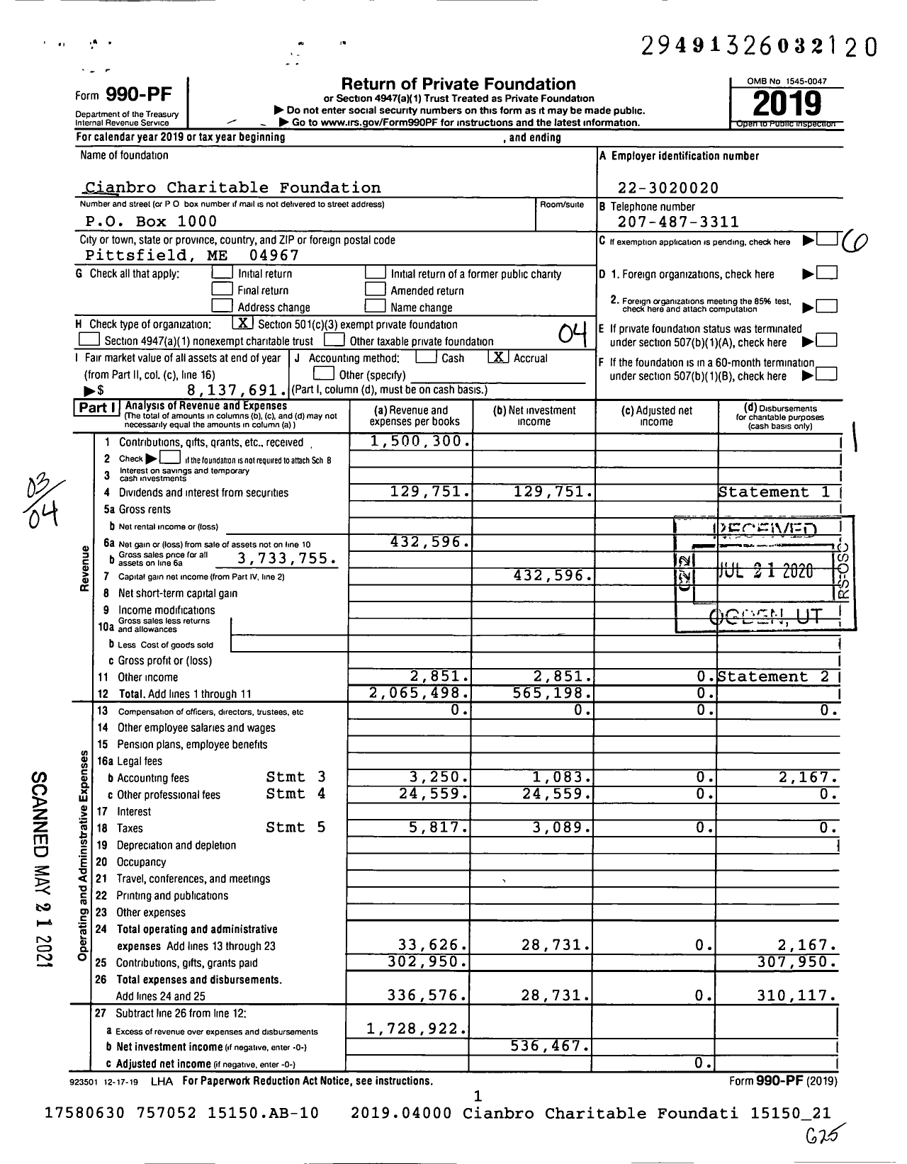 Image of first page of 2019 Form 990PF for Cianbro Charitable Foundation