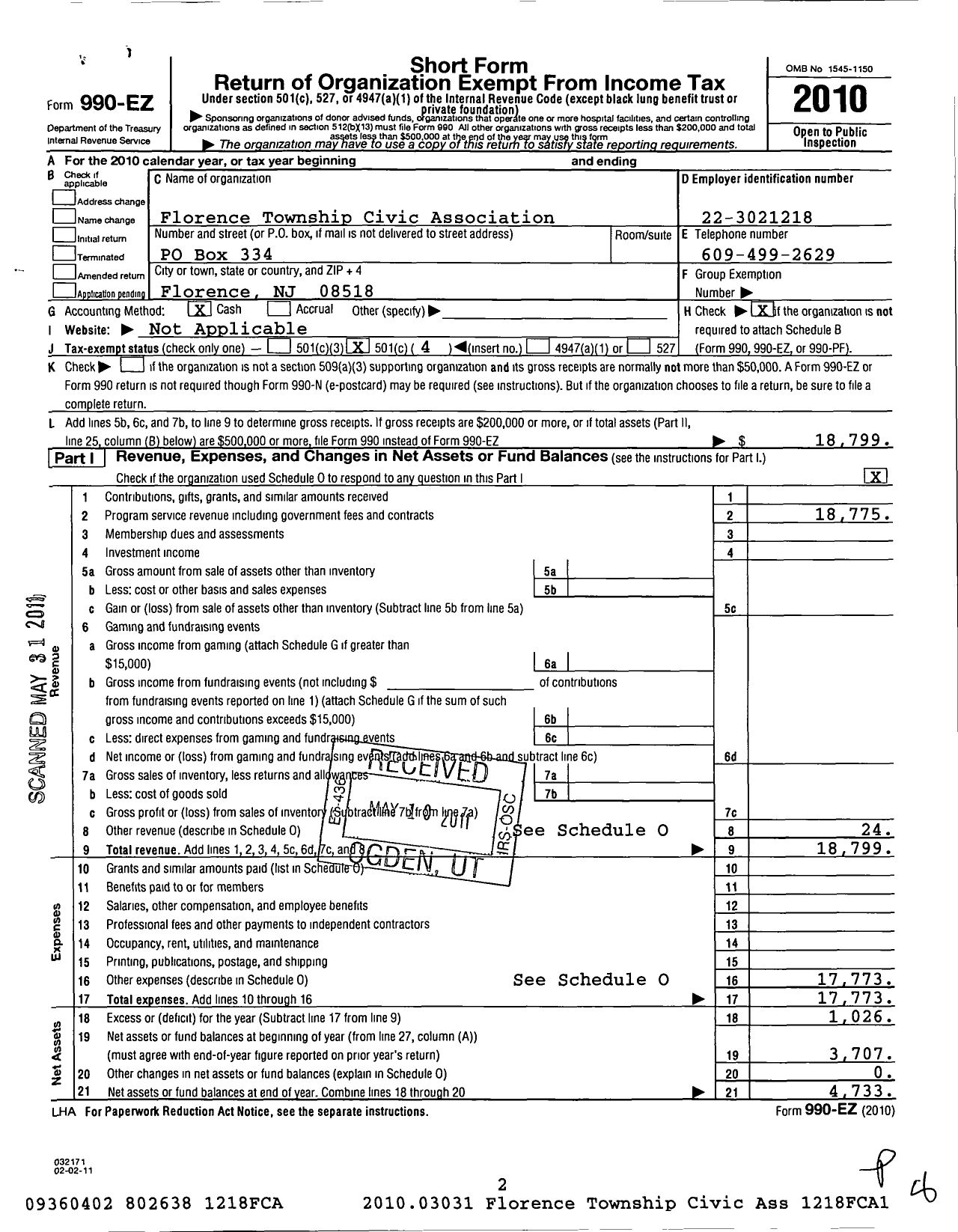 Image of first page of 2010 Form 990EO for Florence Township Civic Association