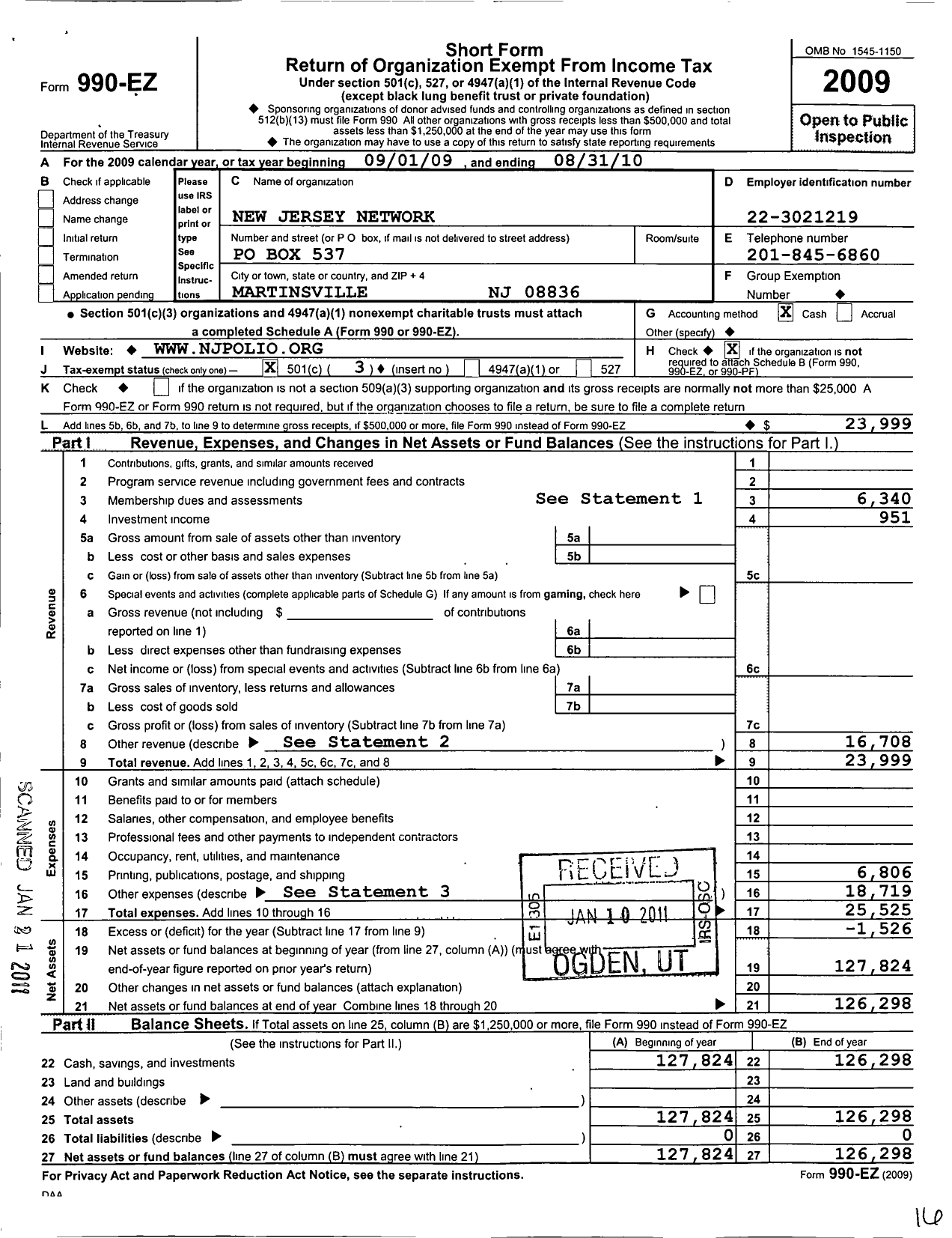 Image of first page of 2009 Form 990EZ for New Jersey Network