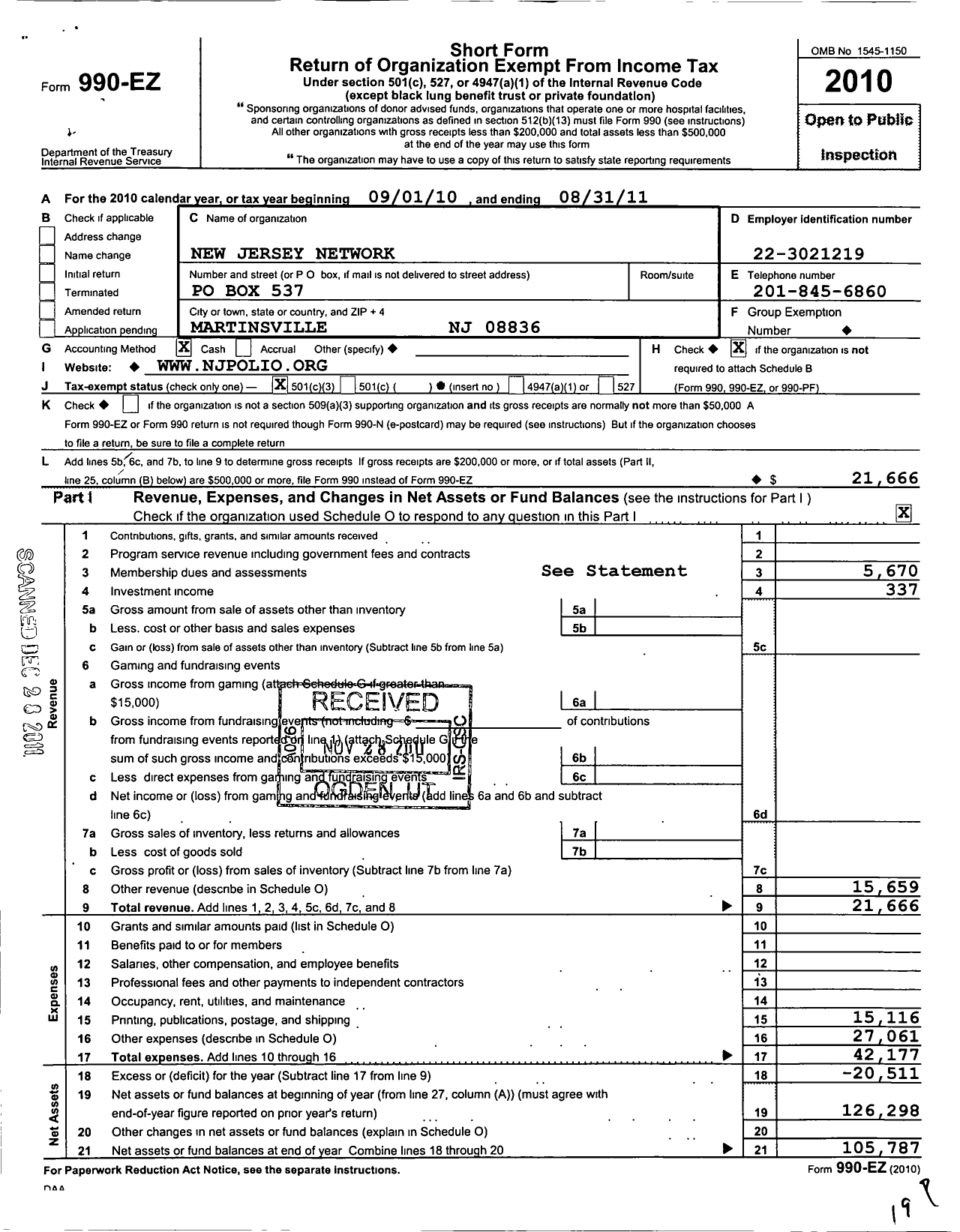 Image of first page of 2010 Form 990EZ for New Jersey Network