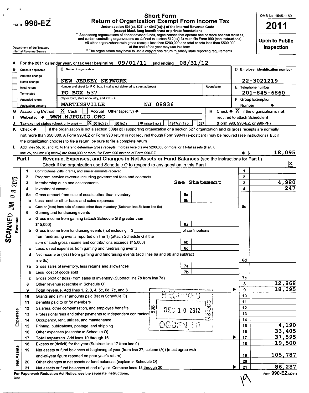 Image of first page of 2011 Form 990EZ for New Jersey Network