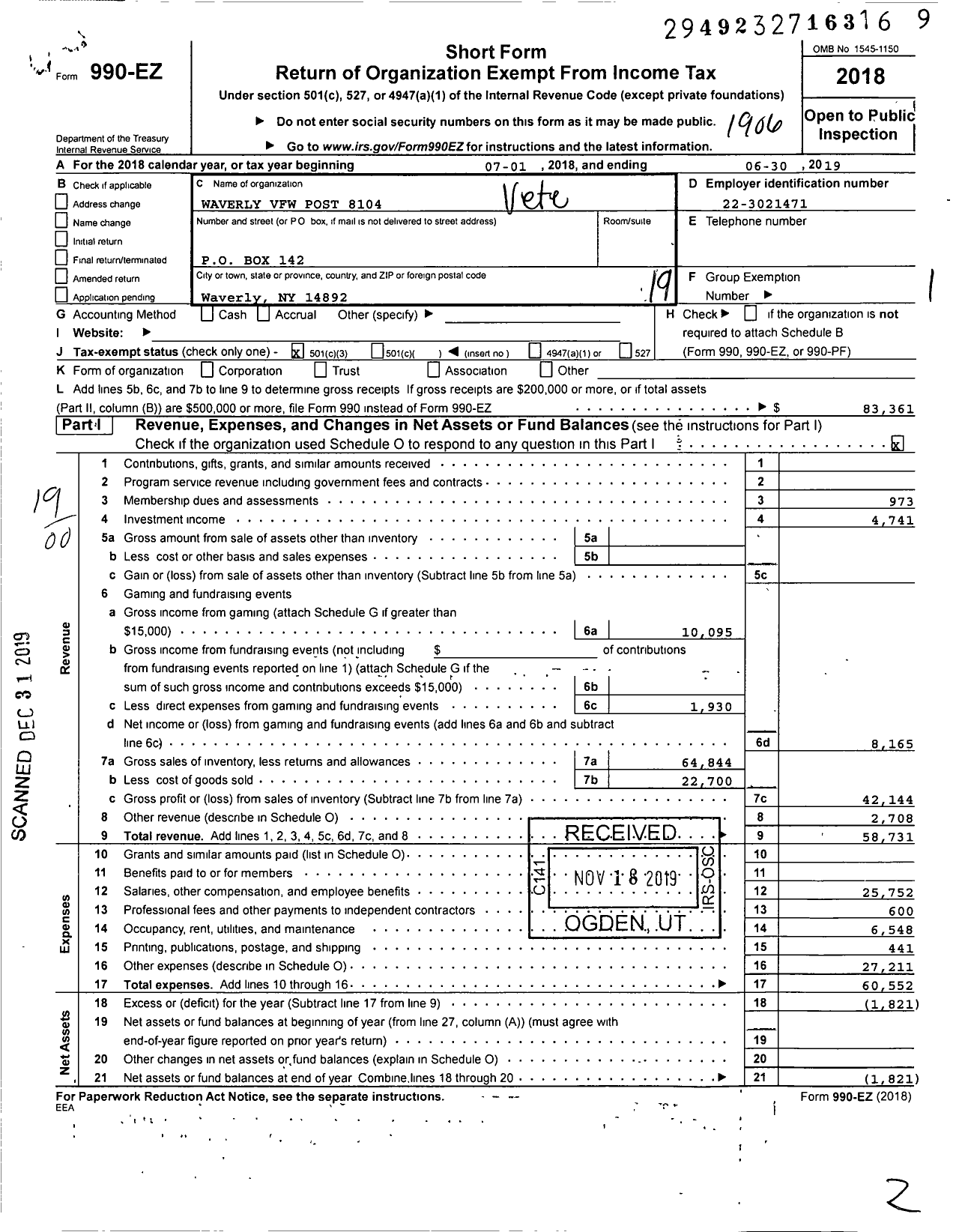 Image of first page of 2018 Form 990EO for Department of Ny VFW - 8104 Waverly VFW Post