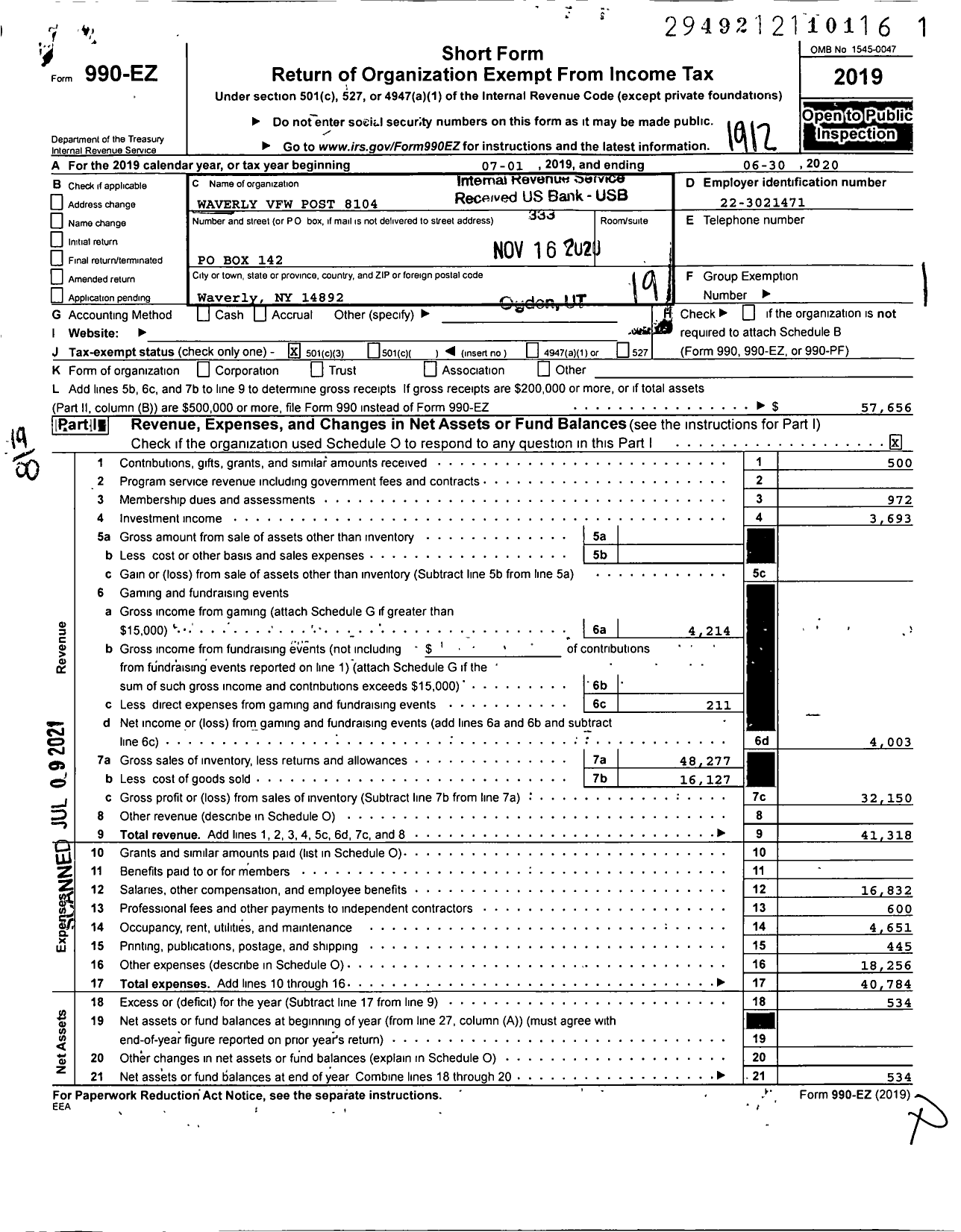 Image of first page of 2019 Form 990EO for Department of Ny VFW - 8104 Waverly VFW Post