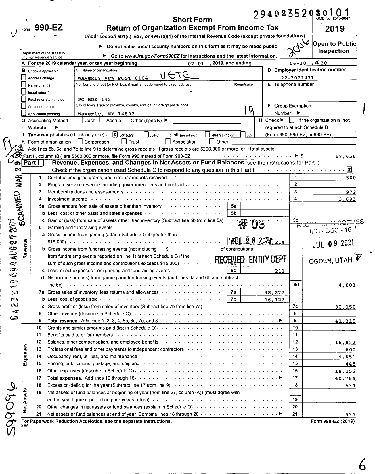 Image of first page of 2019 Form 990EO for Department of Ny VFW - 8104 Waverly VFW Post