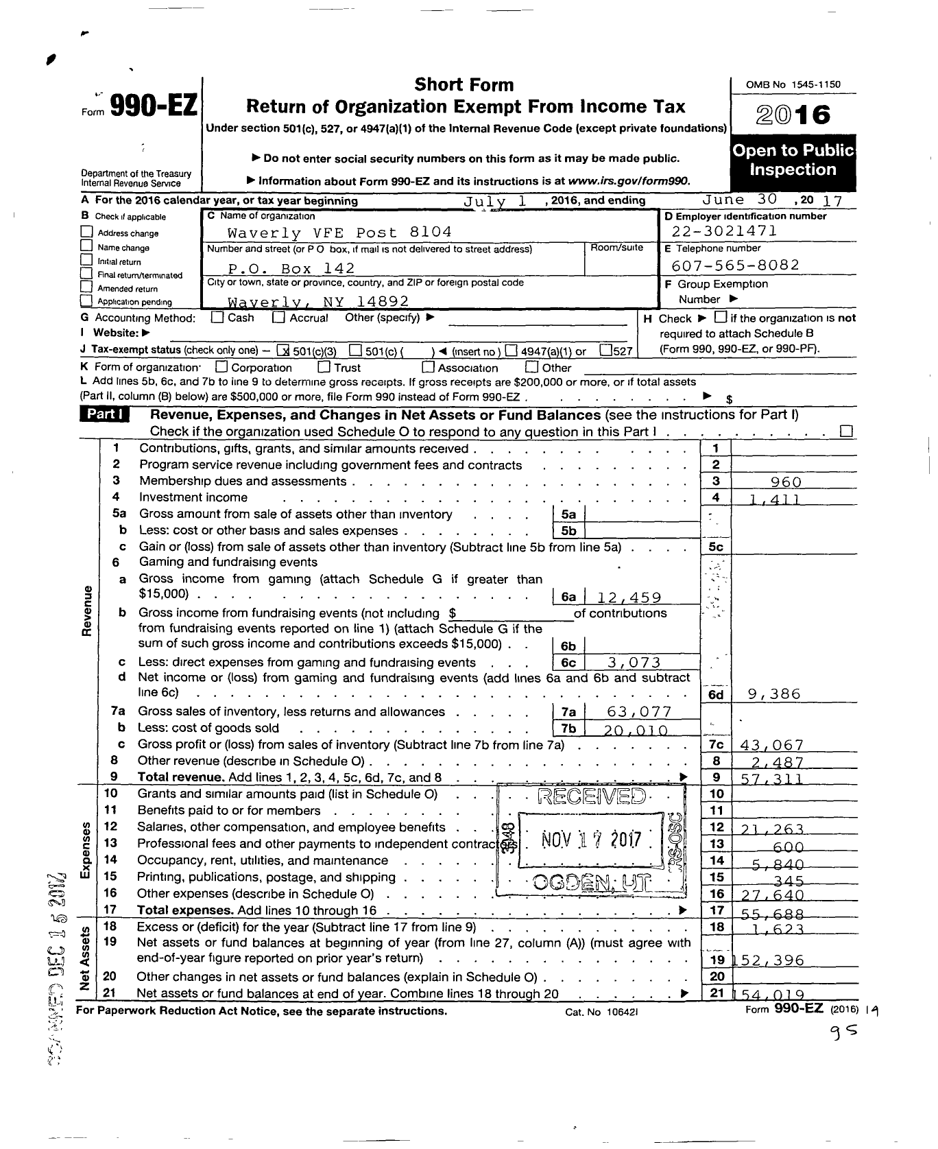 Image of first page of 2016 Form 990EZ for Department of Ny VFW - 8104 Waverly VFW Post