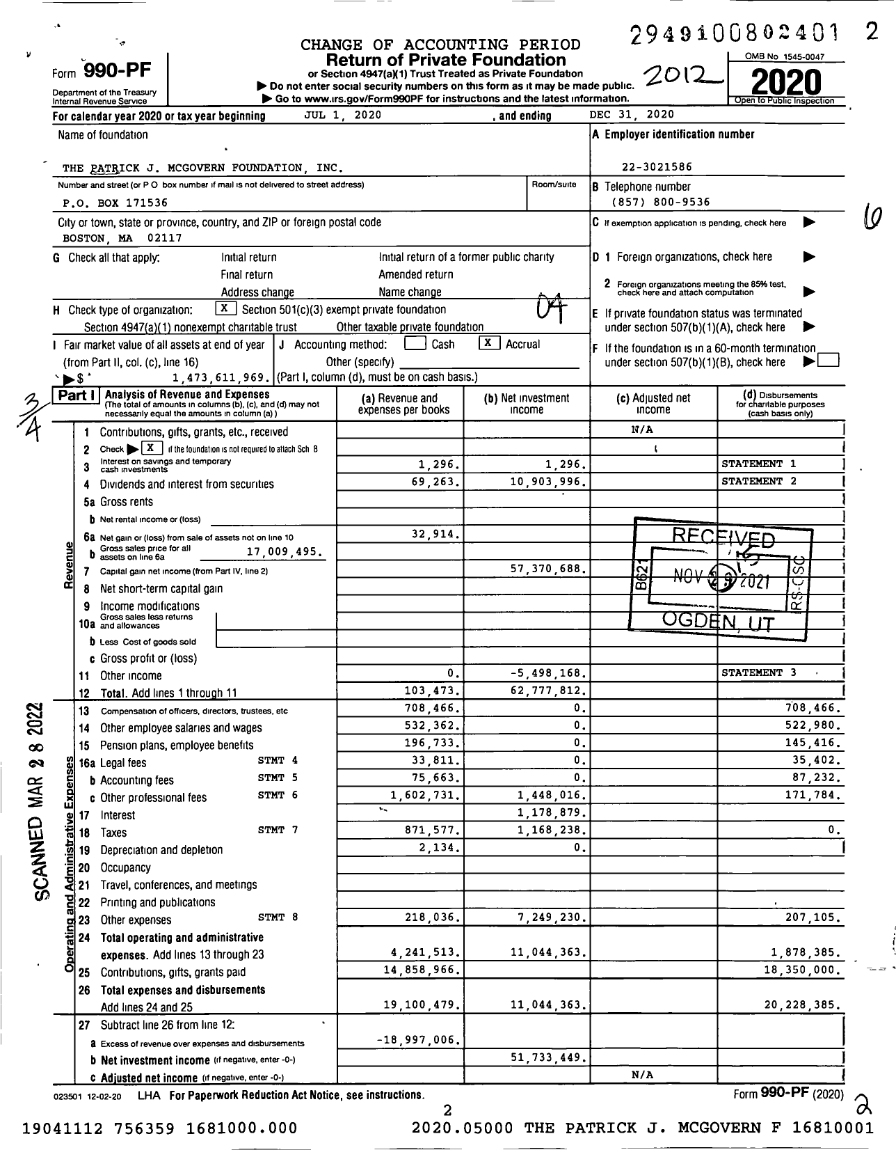 Image of first page of 2020 Form 990PF for The Patrick J McGovern Foundation