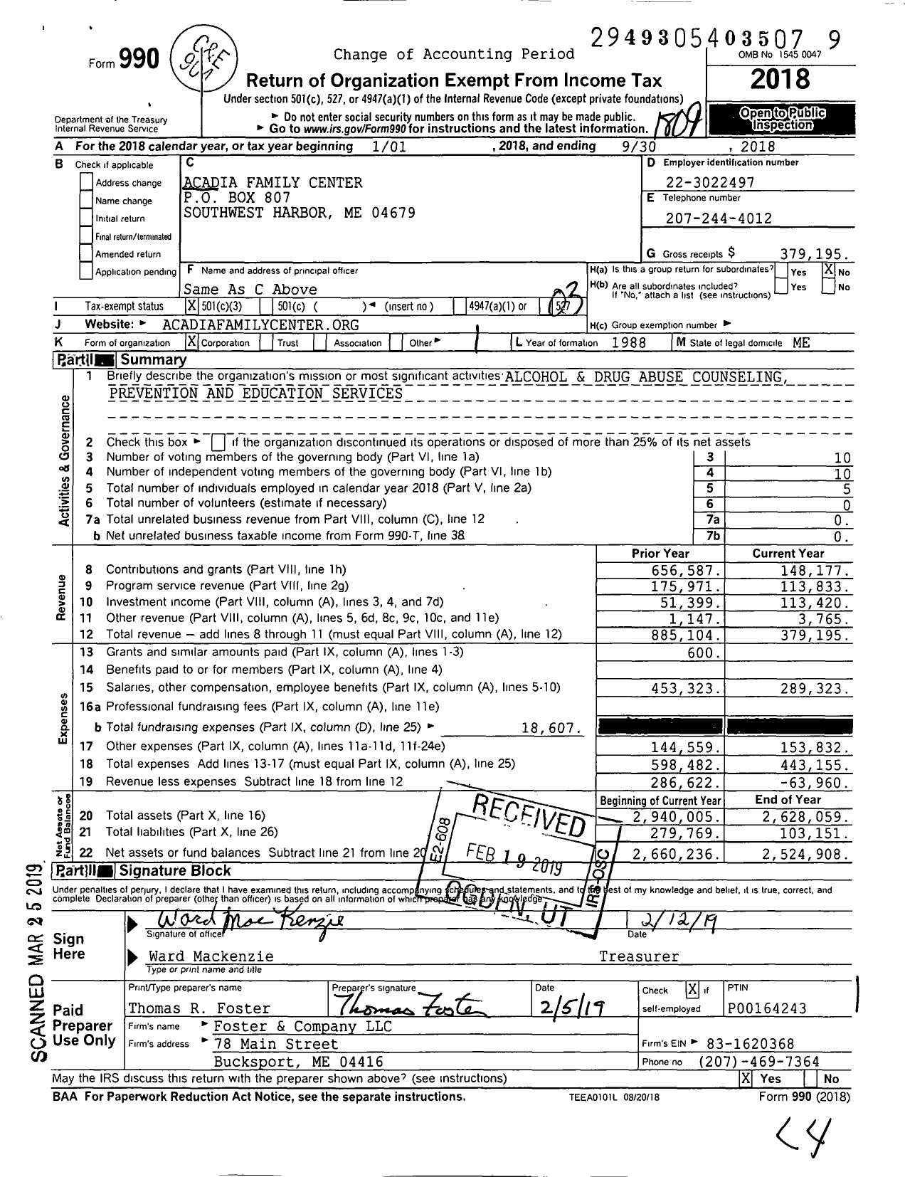 Image of first page of 2017 Form 990 for Acadia Family Center