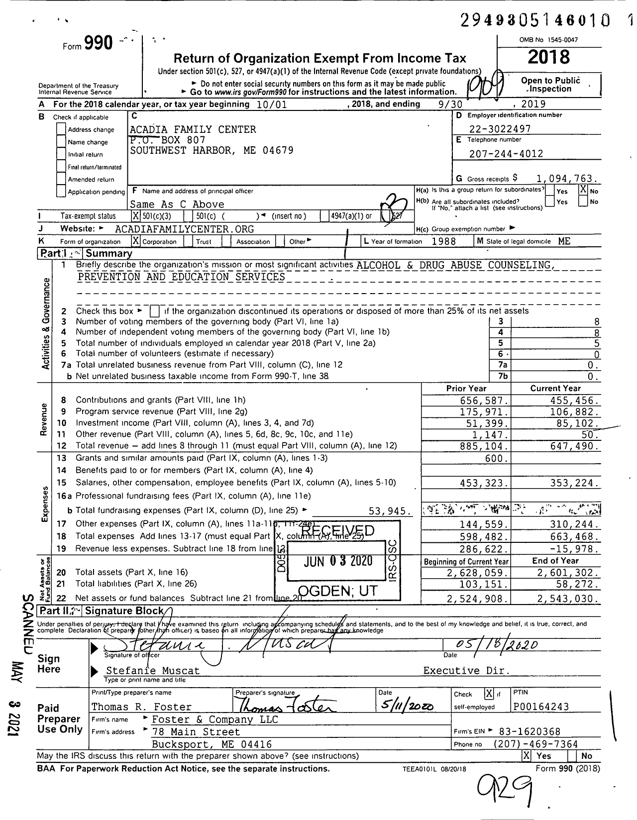 Image of first page of 2018 Form 990 for Acadia Family Center