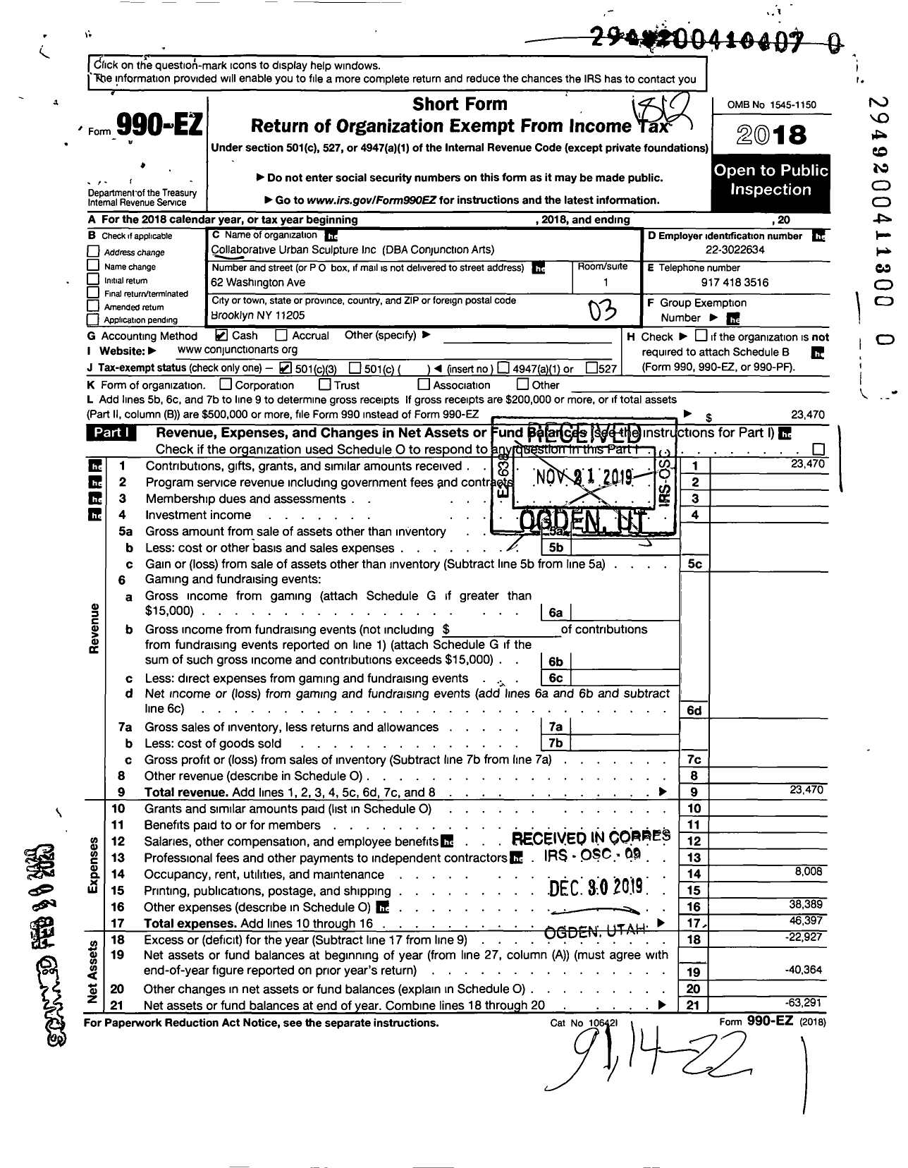 Image of first page of 2018 Form 990EZ for Collaborative Urban Sculpture