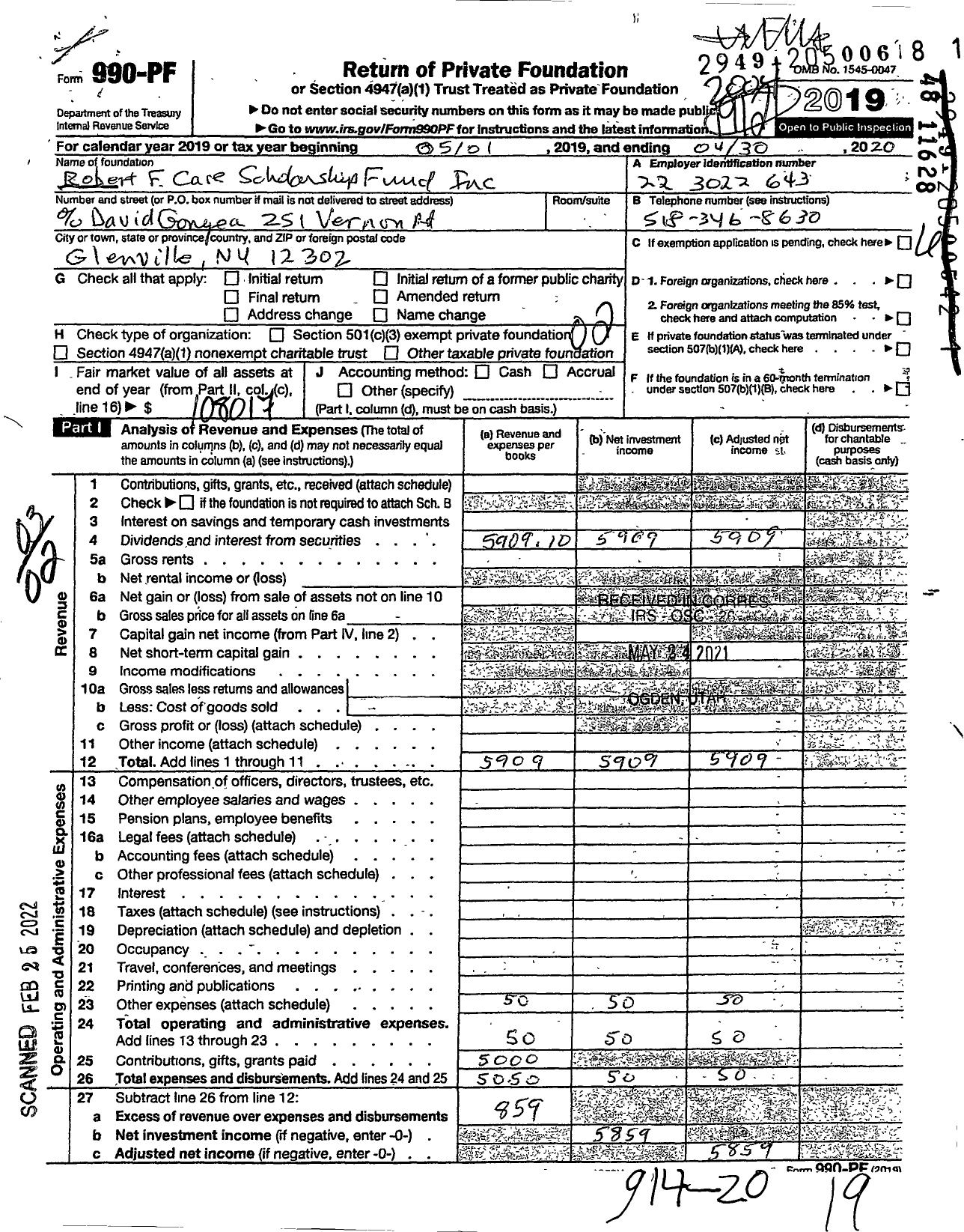 Image of first page of 2019 Form 990PF for Robert F Case Scholarship Fund