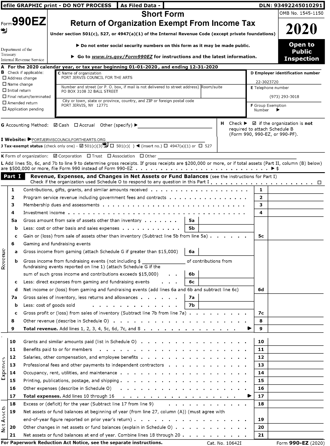 Image of first page of 2020 Form 990EZ for Port Jervis Council for the Arts