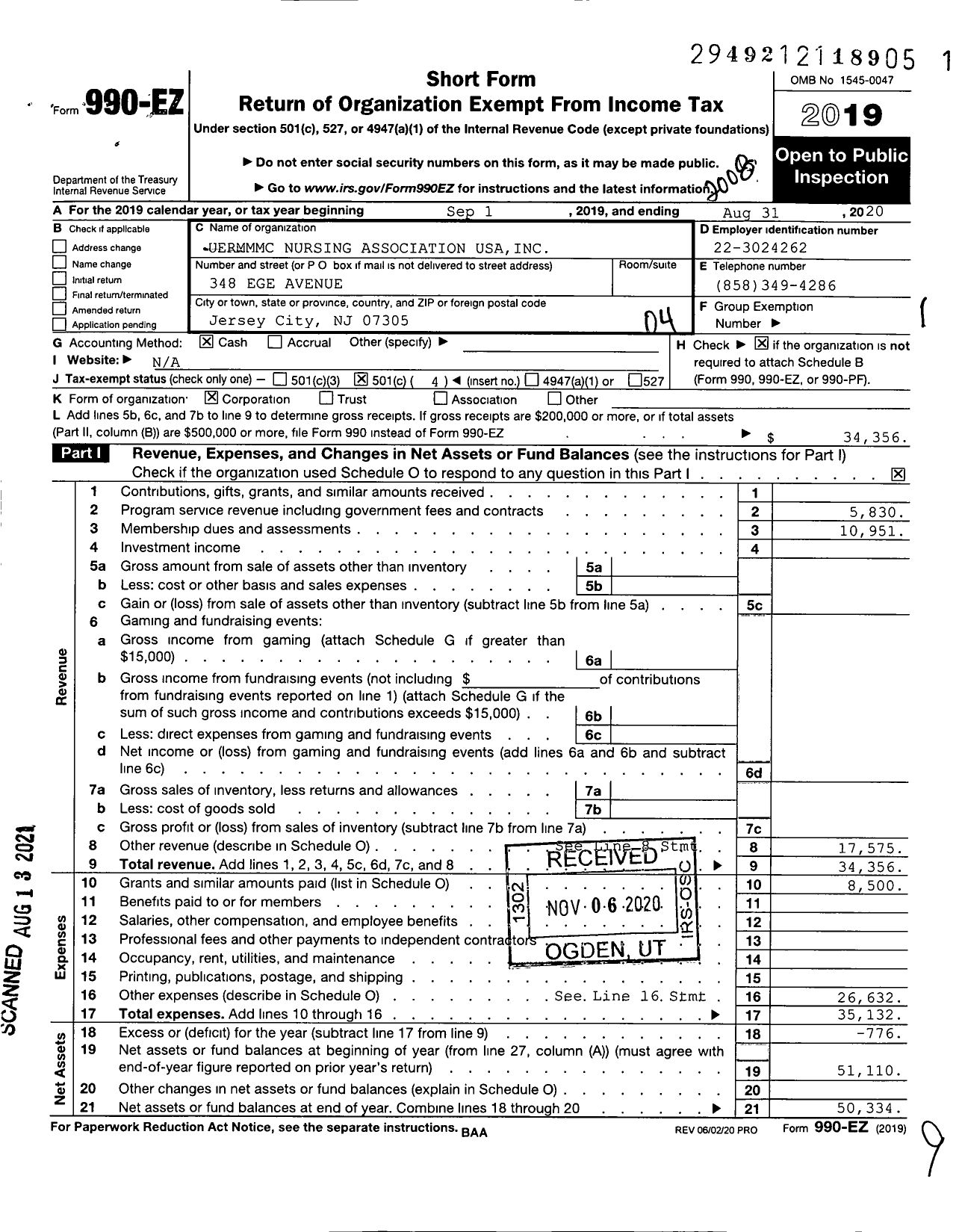 Image of first page of 2019 Form 990EO for Foundation of the Uermmmc Nursing Alumni Association USA