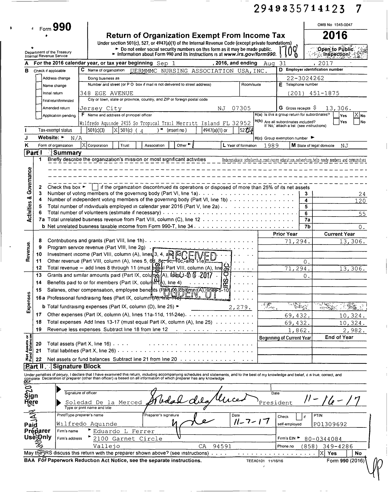 Image of first page of 2016 Form 990O for Foundation of the Uermmmc Nursing Alumni Association USA