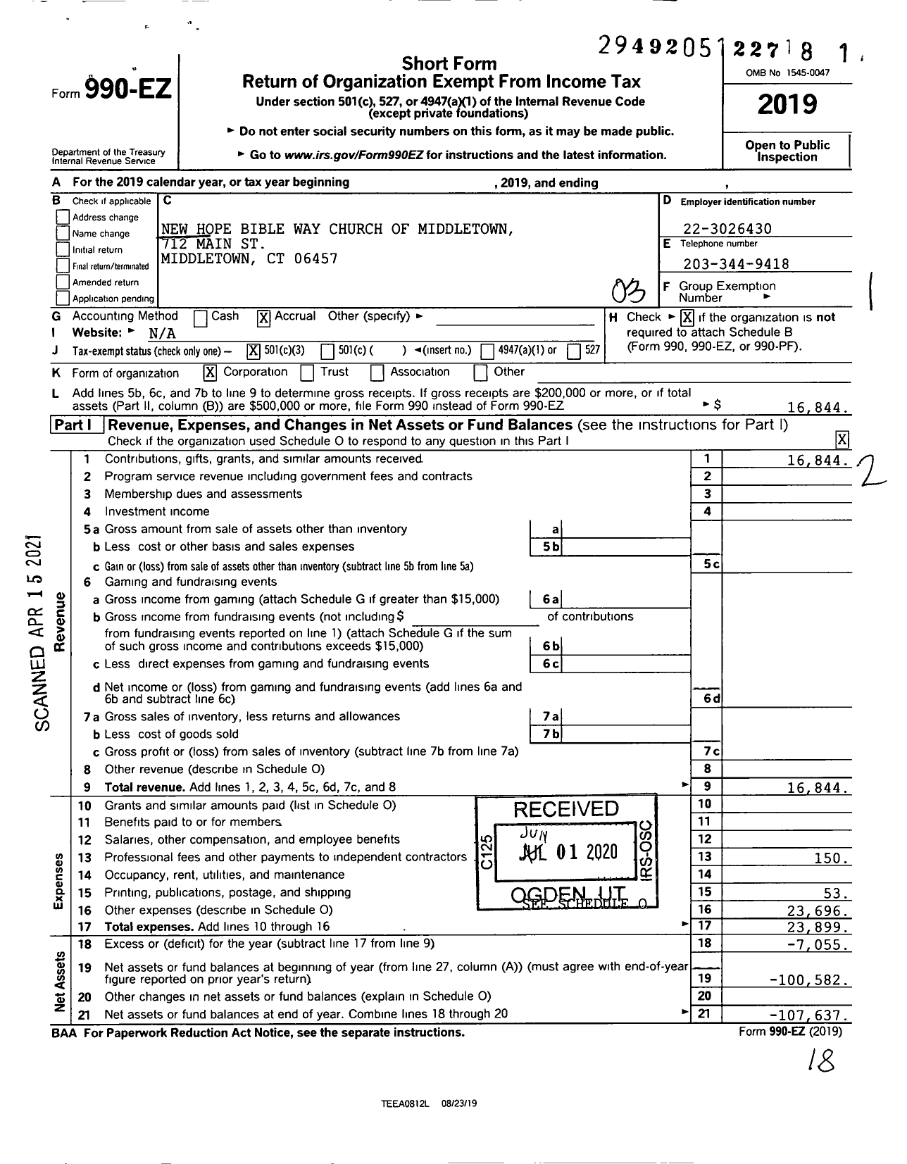 Image of first page of 2019 Form 990EZ for New Hope Bible Way Church of Middletown