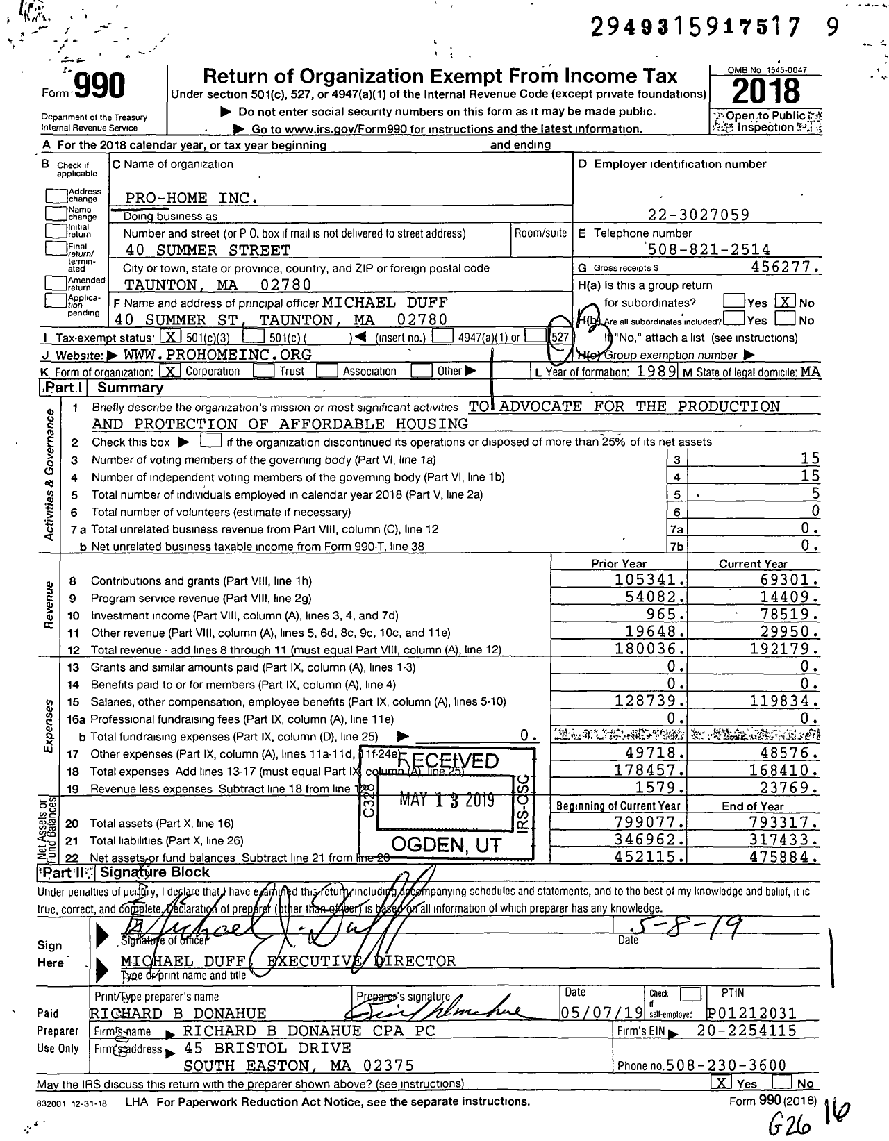 Image of first page of 2018 Form 990 for Pro-Home