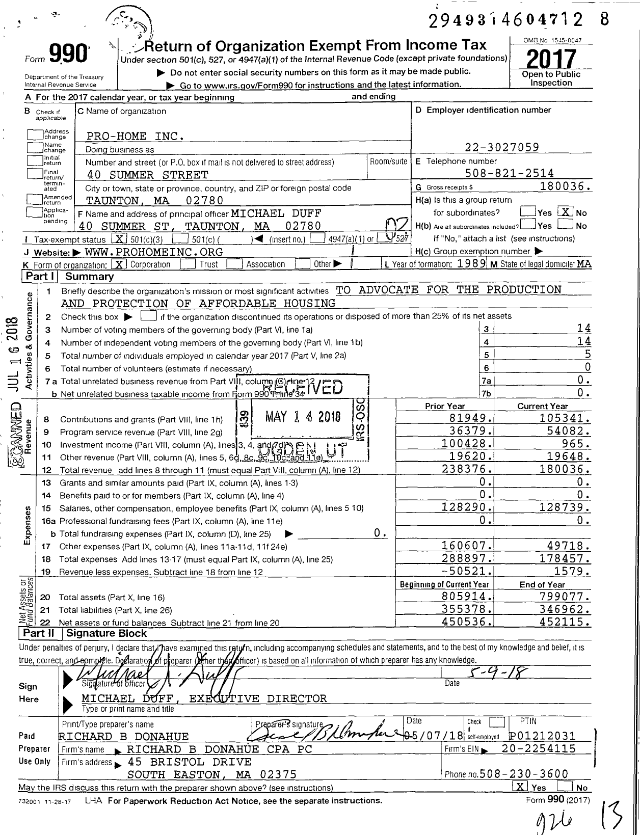 Image of first page of 2017 Form 990 for Pro-Home